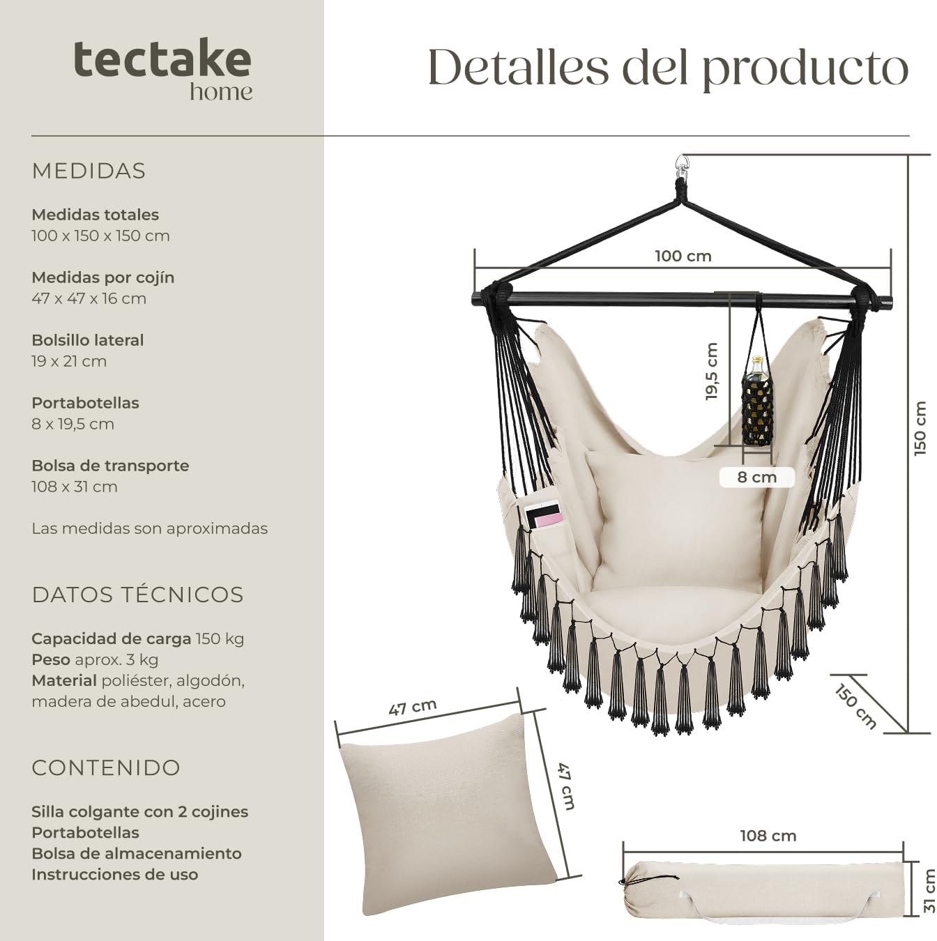Thumbnail 5 de tectake® Silla Colgante Bohemia 150 kg