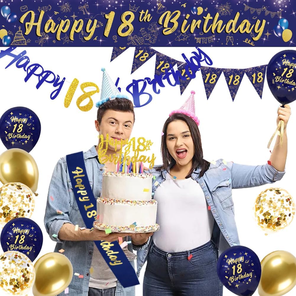 Thumbnail 6 de Navy Blue & Gold 18th Birthday Decorations for Men – Triangular Flags, Balloons & More