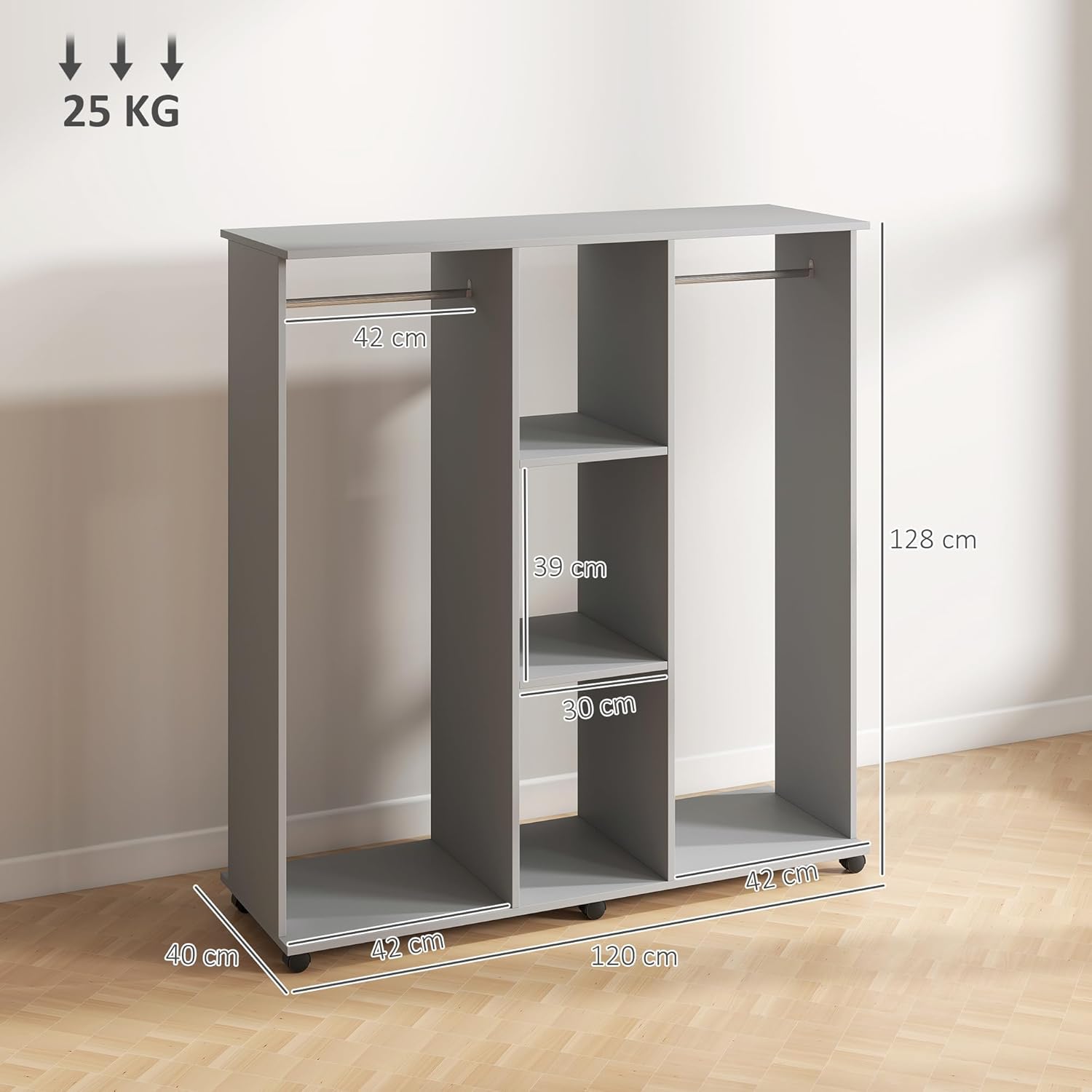 Detalle de HOMCOM armoire penderie ouverte mobile en bois gris, rails aluminium et 6 roulettes (120 x 40 x 128 cm)