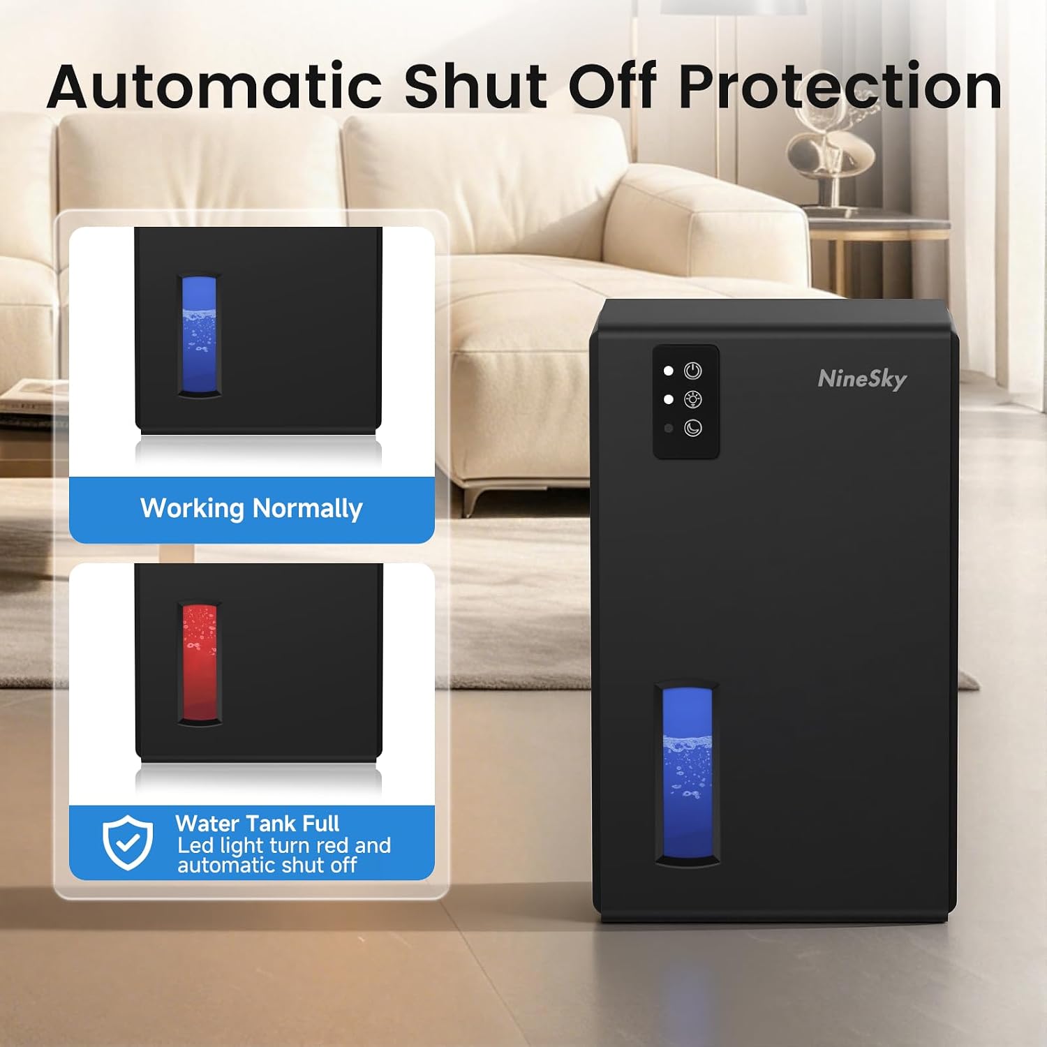 Detalle de NineSky 1000 Sq. Ft Dehumidifier with 95oz Tank, 7-Color Ambient Light, and Auto Shut Off