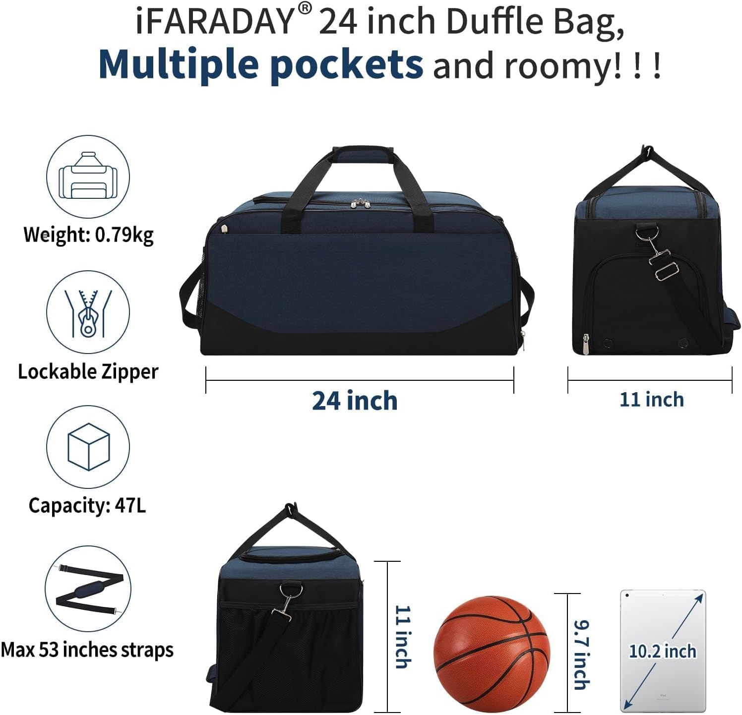 Detalle de LONALIA Sac de Sport 47L avec Compartiment à Chaussures – Bleu Marine
