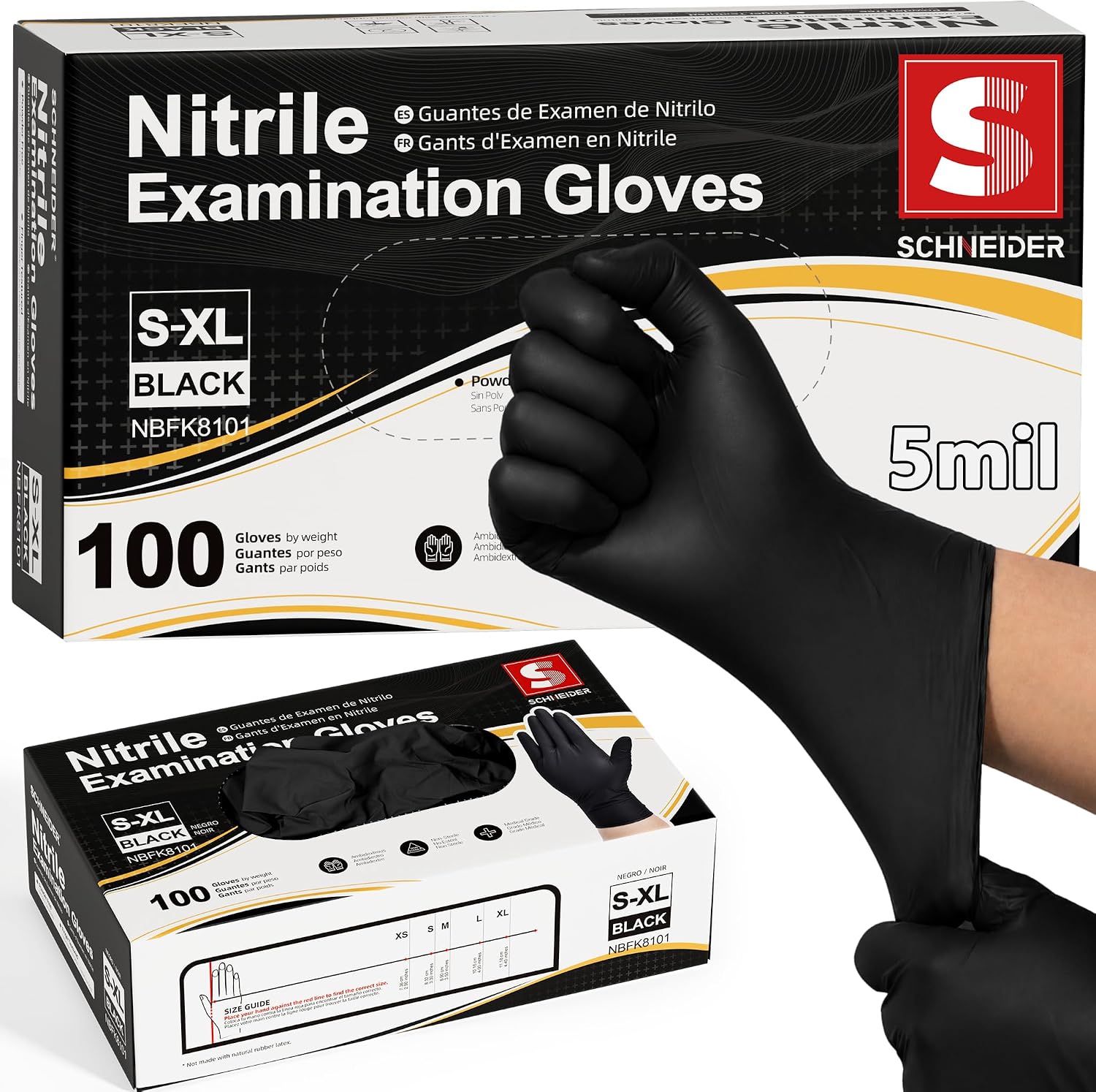 Detalle de Schneider Black Nitrile Gloves, 5-Mil Disposable, Latex-Free and Powder-Free