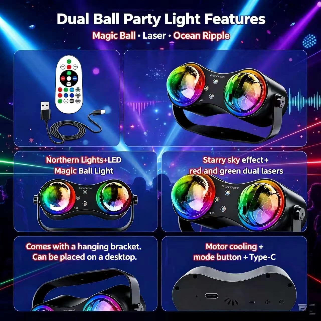 Detalle de Mslitely EMS-77 Party Light with 24 LED Modes, Strobe and Ocean Star Projection