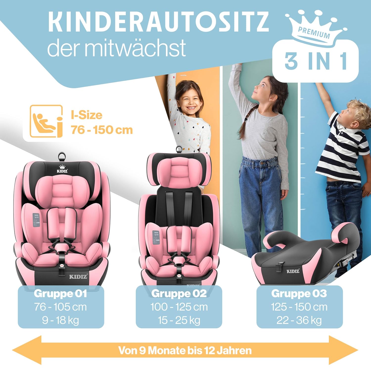 Thumbnail 3 de KIDIZ Autokindersitz mit ISOFIX i-Size R129 (100–150 cm) und 5-Punkt-Gurt, rosa