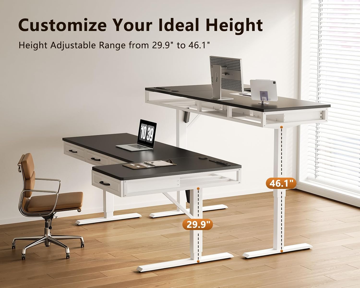 Detalle 1 de OffiGo 63-Inch L-Shaped Electric Standing Desk with 4 Drawers, White and Black