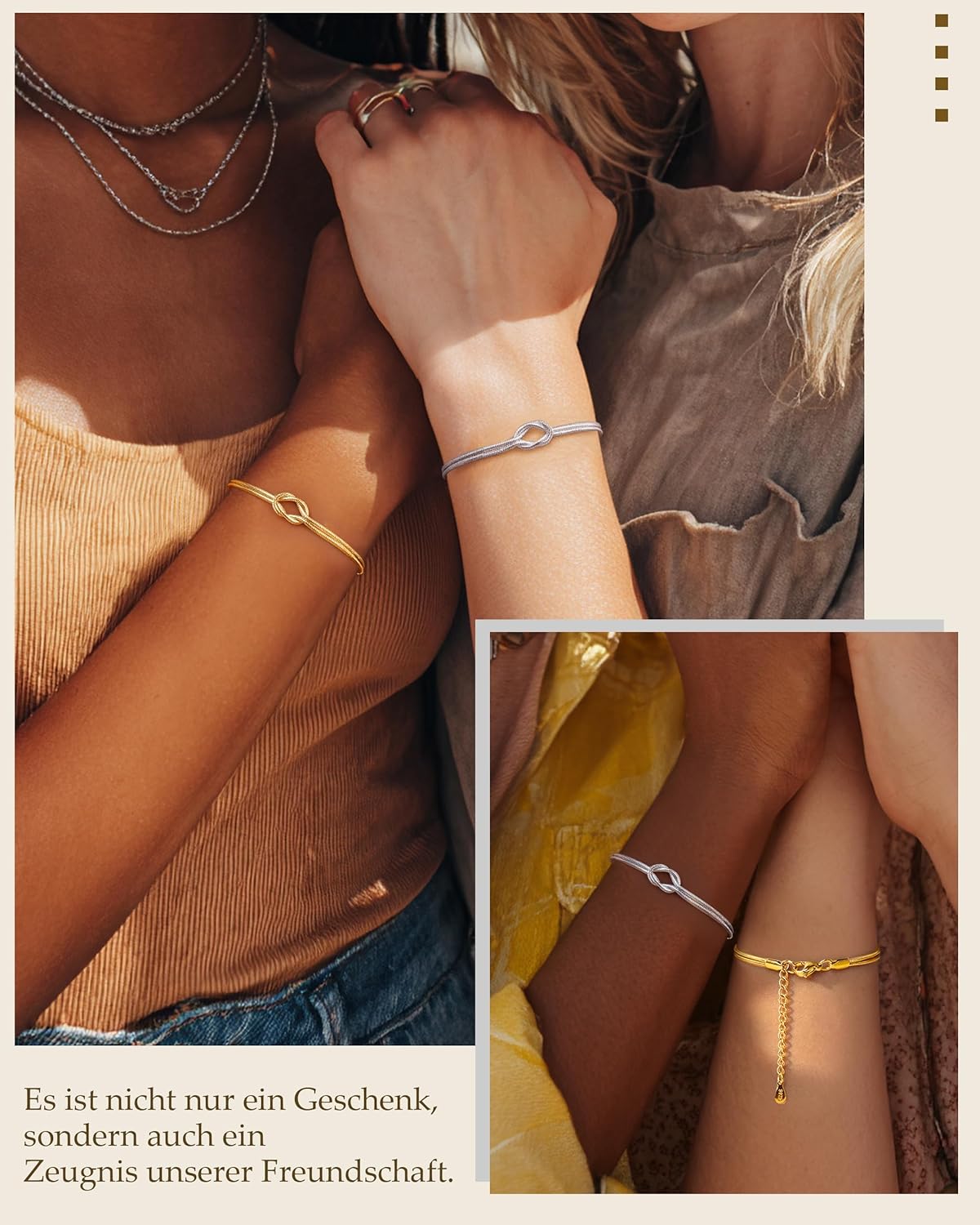 Detalle de 2er Freundschaftsarmbänder Set aus Silber 925 und 14K Gold – Verstellbares Knotenarmband, Geschenkbox