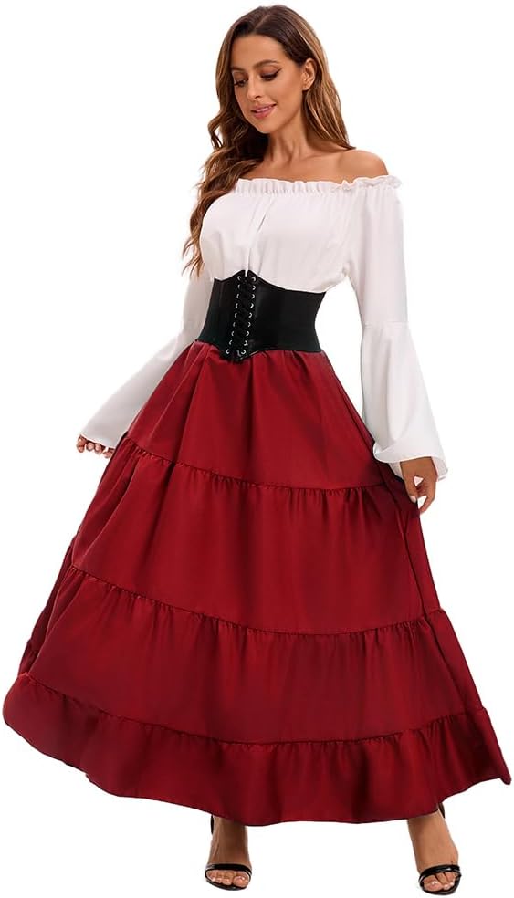 Thumbnail 1 de Feynman Robe médiévale rétro pour femme à manches trompette – robe maxi velours pour carnaval, Halloween et fêtes
