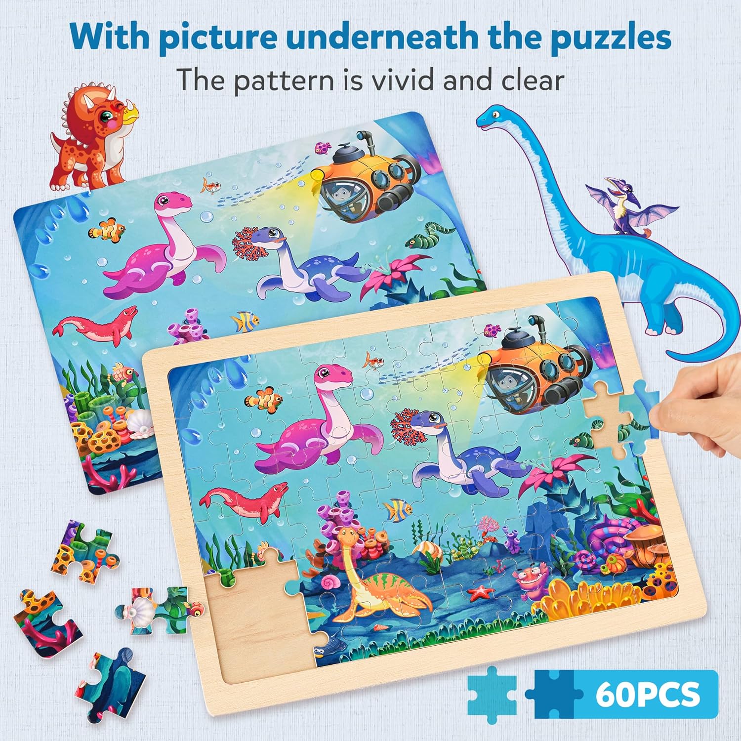 Thumbnail 2 de SYNARRY Wooden Dinosaur Puzzles for Kids (60 pcs, 6 packs) – Durable, Large 11.8 x 8.8 inch Puzzles for Ages 4-8