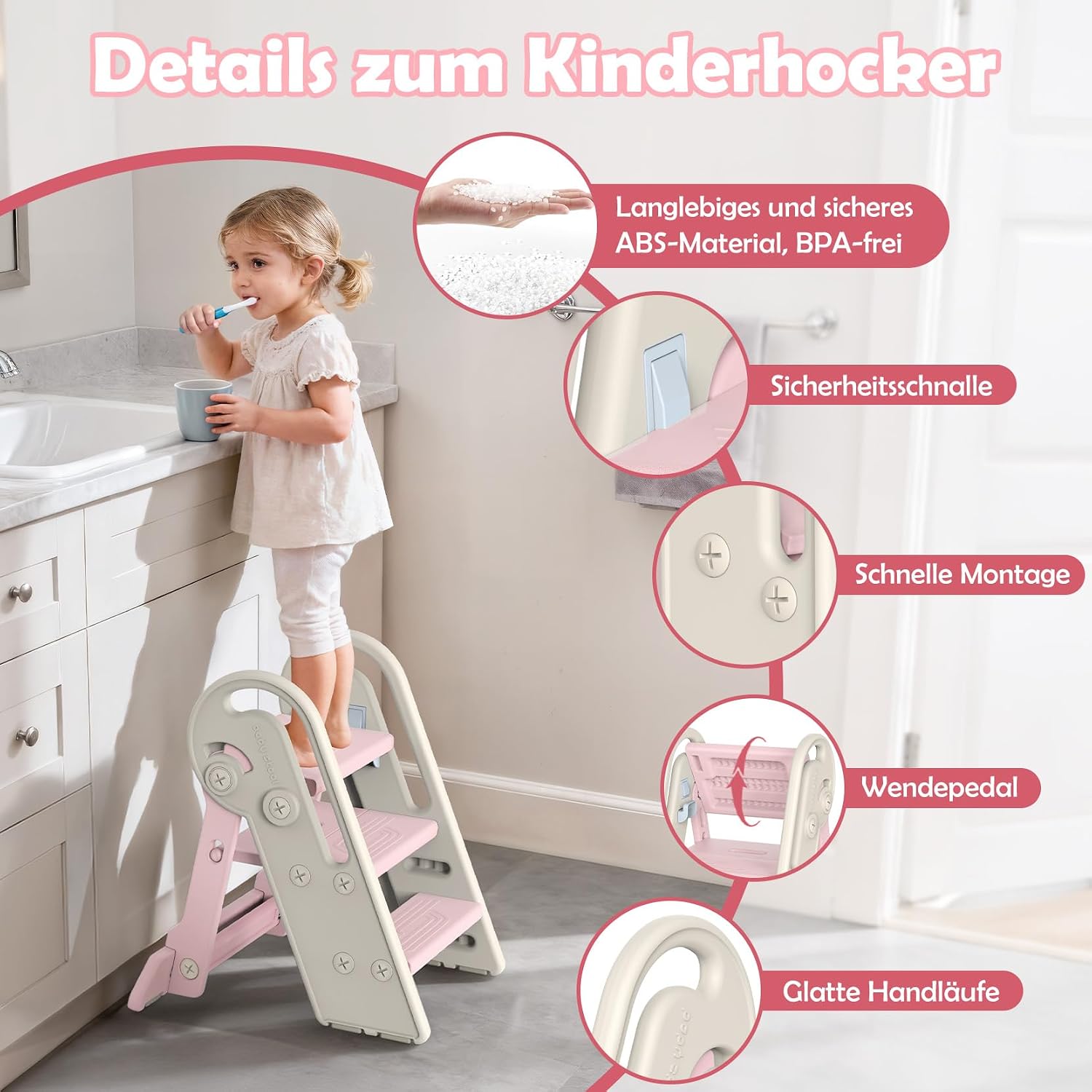Thumbnail 6 de Onasti Tritthocker Kinder – Höhenverstellbar, 3 Stufen, klappbar, Anti-Kipp, Rosa