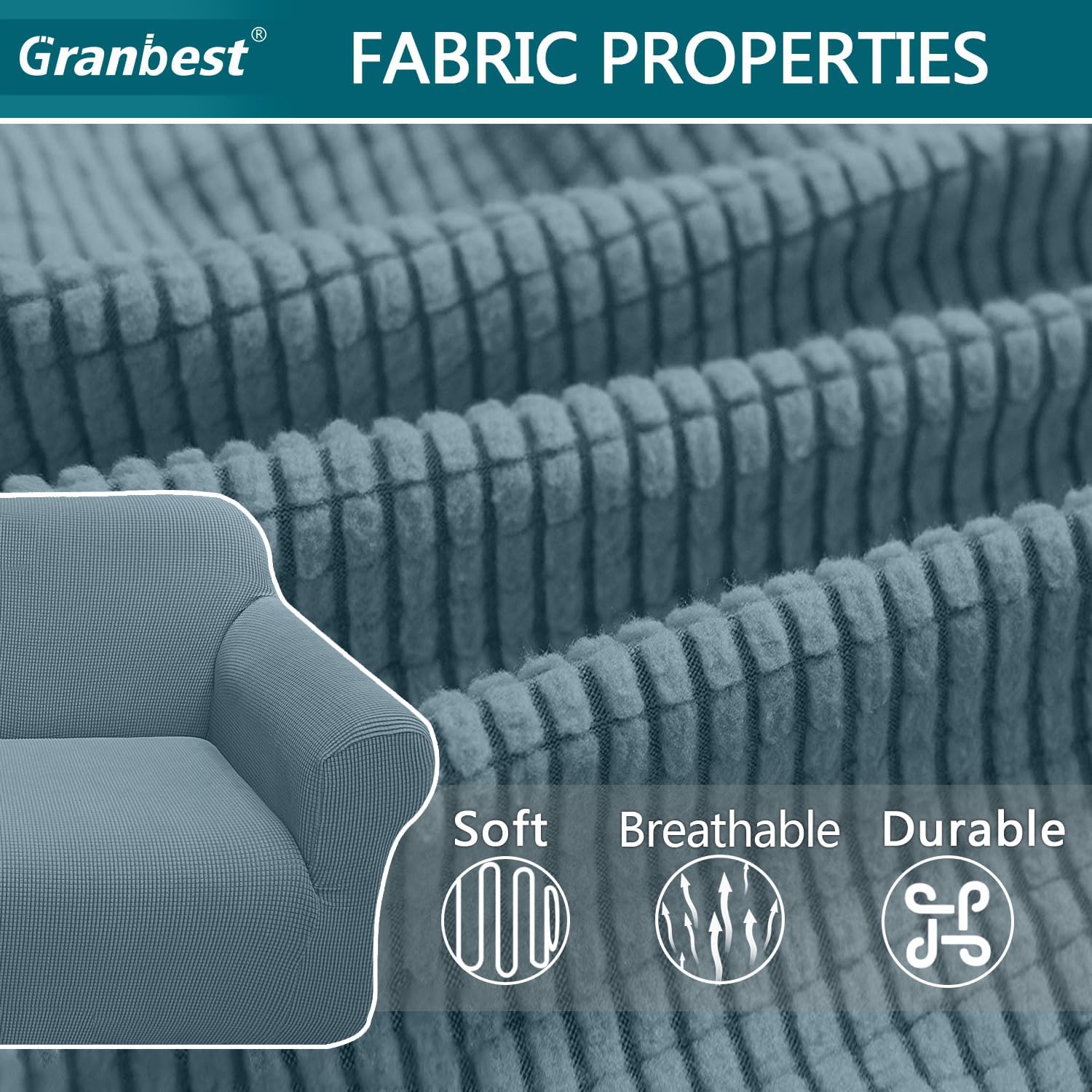 Thumbnail 3 de Granbest High Stretch 3 Seater Sofa Cover – Light Blue, Non-Slip, 85% Polyester 15% Spandex