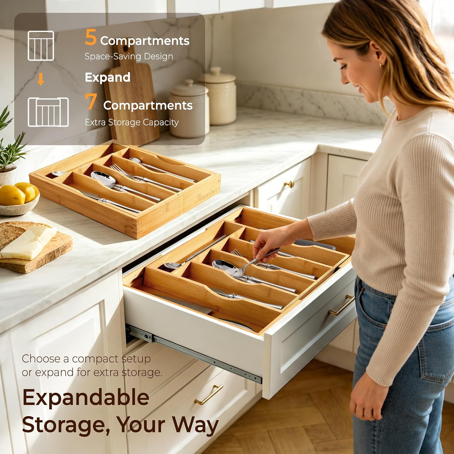 Thumbnail 4 de oridom Expandable Bamboo Drawer Organizer for Cutlery 🍽