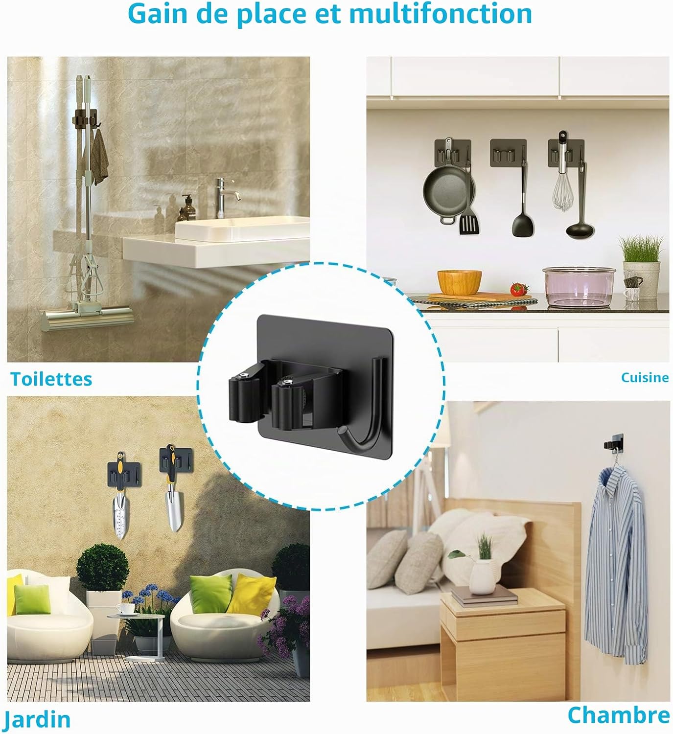 Detalle de Homeasy zelfklevende bezemhouder, set van 4, zwart roestvrij staal 304