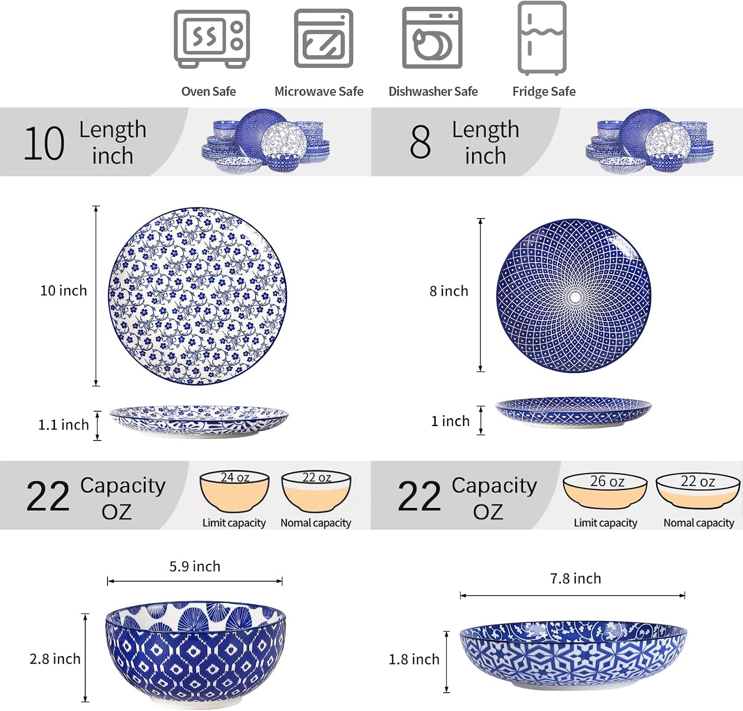 Detalle de Selamica 24-Piece Ceramic Dinnerware Set in Vintage Blue
