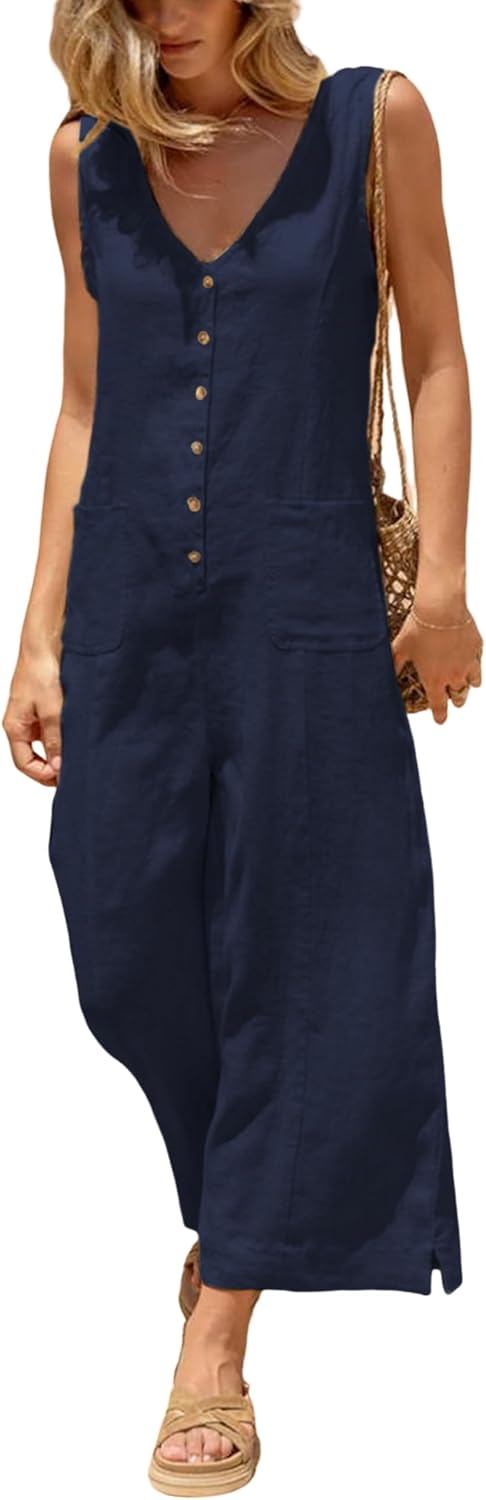 Detalle de Yeokou Women Button Down Jumpsuits: Cotton Linen Sleeveless Wide-Leg Romper with Pockets
