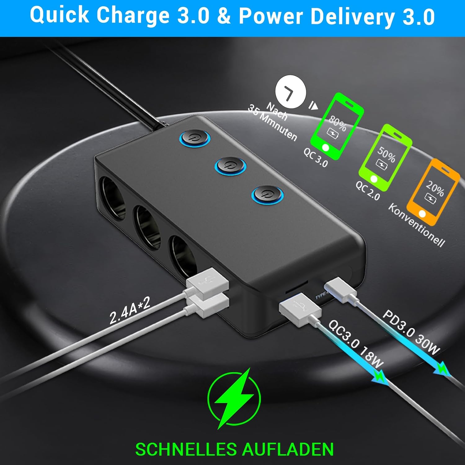 Thumbnail 2 de PD 30W 12V Verteiler 200W KFZ-Zigarettenanzünder Adapter mit Schalter & 4× USB – 3 Mehrfachsteckdosen