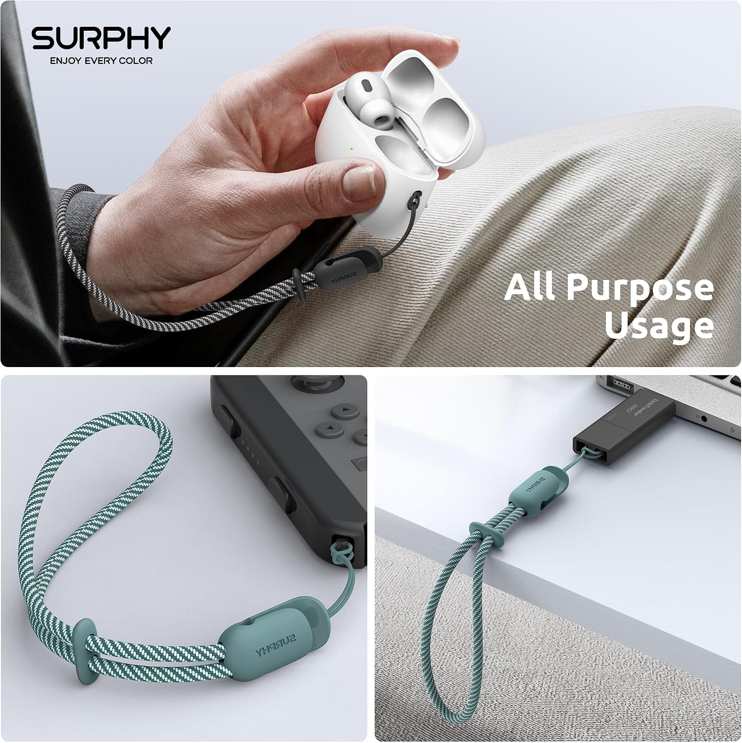 Thumbnail 6 de SURPHY Black & Green Braided Nylon Phone Wrist Lanyard, 2-Pack