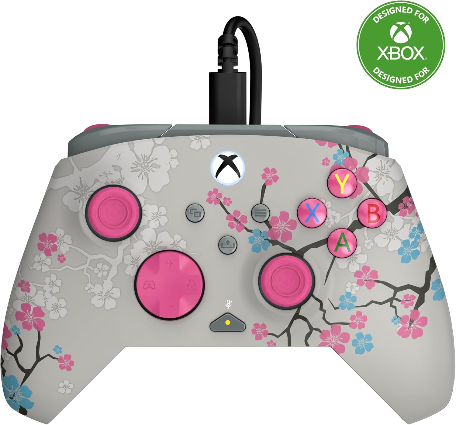 Detalle de Turtle Beach Rematch Advanced Cherry Blossom — Manette filaire sous licence Xbox avec éclairage phosphorescent et contrôle via Control Hub
