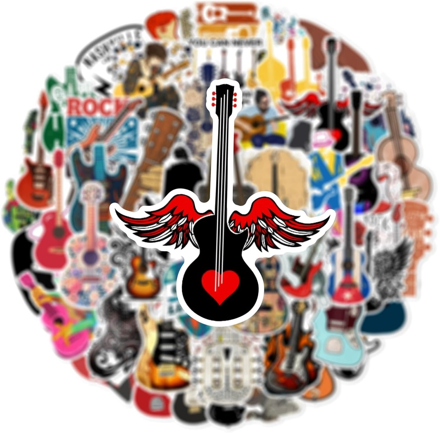 Thumbnail 1 de 50 Stück Gitarre Aufkleber Pack – Wasserdichte Vinyl Sticker für Laptop, Wasserflasche, Auto, Fahrrad & mehr