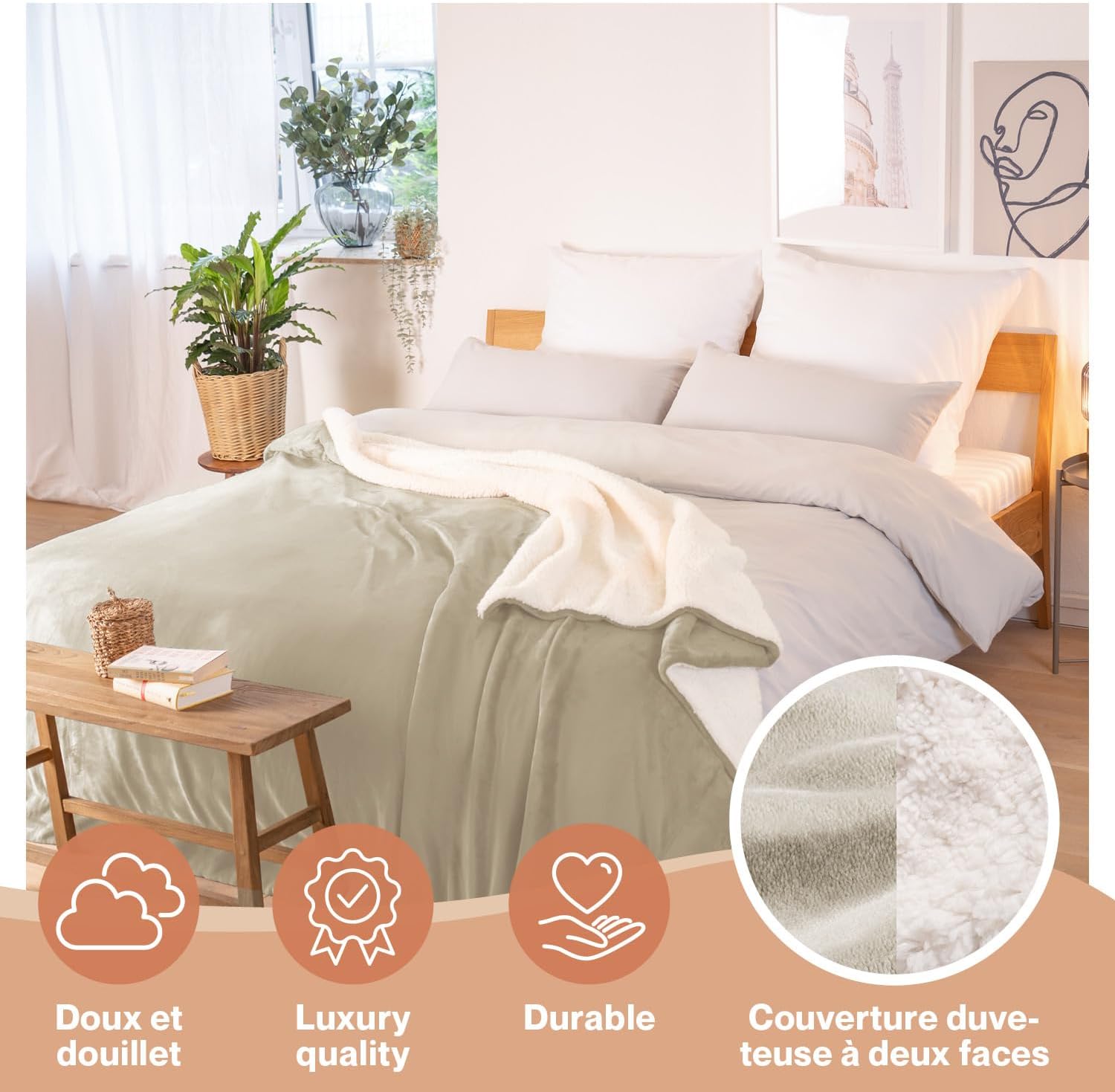 Thumbnail 2 de Blumtal plaid polaire Sherpa 230 x 270 cm certifié Oeko-TEX® (beige) : doux, chaud et moelleux