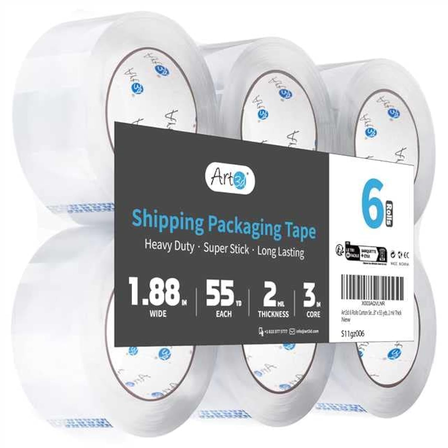 Art3d S11006 Clear Packing Tape, 6 Rolls, 1.88 in x 55 yds, 2 mil