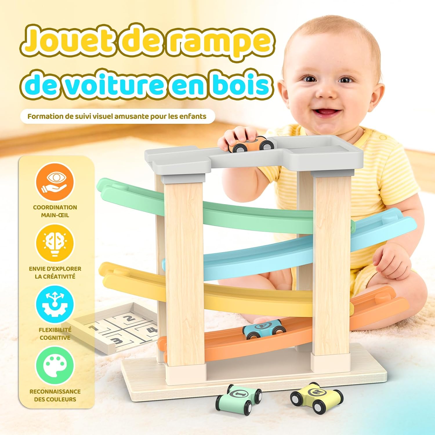 Detalle de Toyzey Jouet Bebe 1 an, Voiture Bebe Jouet en Bois avec 4 Mini Jeux – Montessori et Piste de Voiture