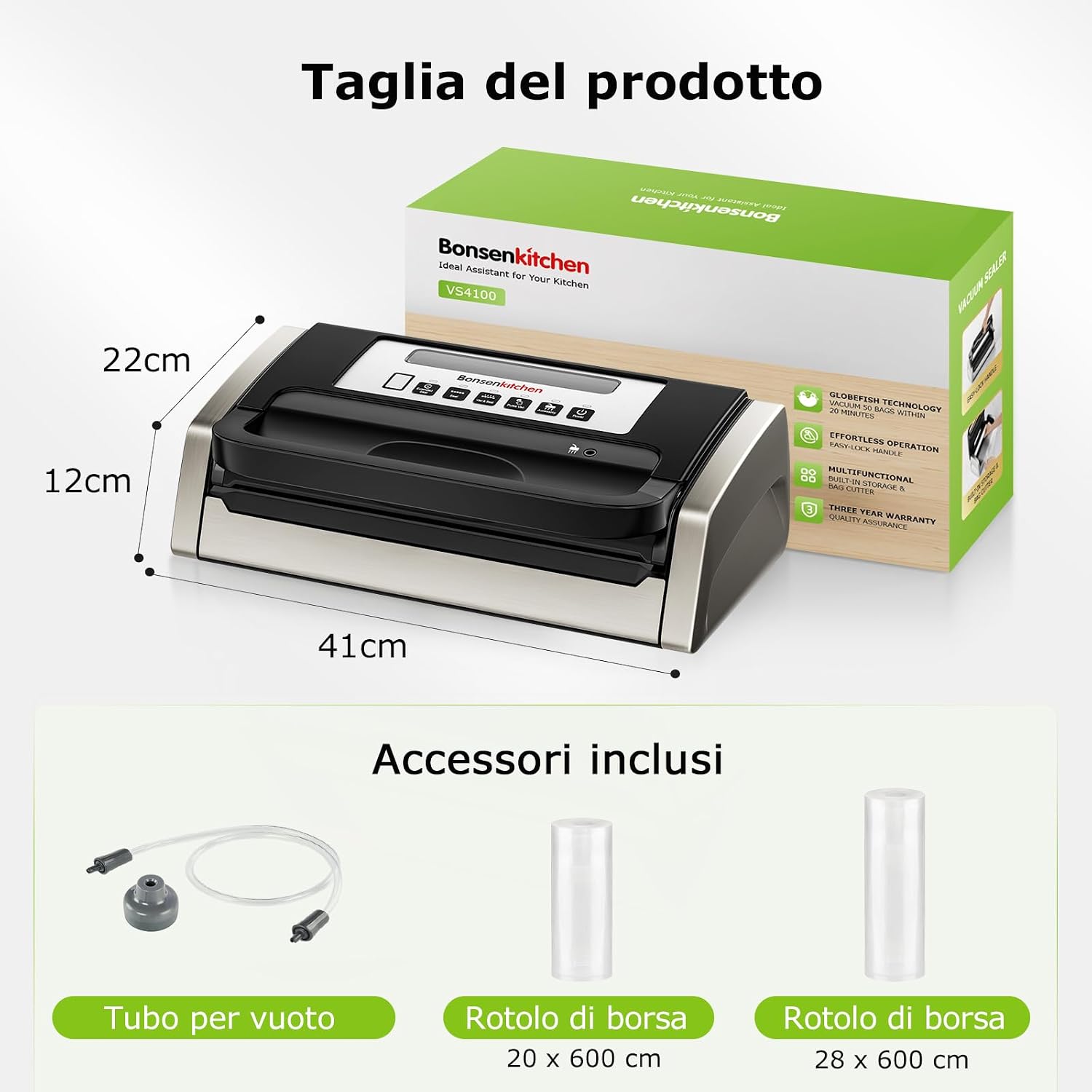 Detalle de Bonsenkitchen Macchina Sottovuoto per Alimenti con tecnologia Globefish, taglierina incorporata e maniglia bloccata