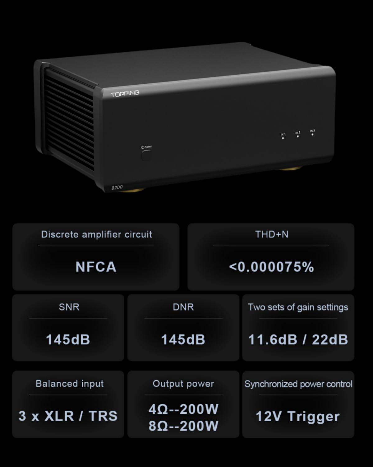 Detalle de Topping B200 Mono Pure Power Audio Amplifier (200W output) with balanced XLR/TRS inputs and 12V trigger