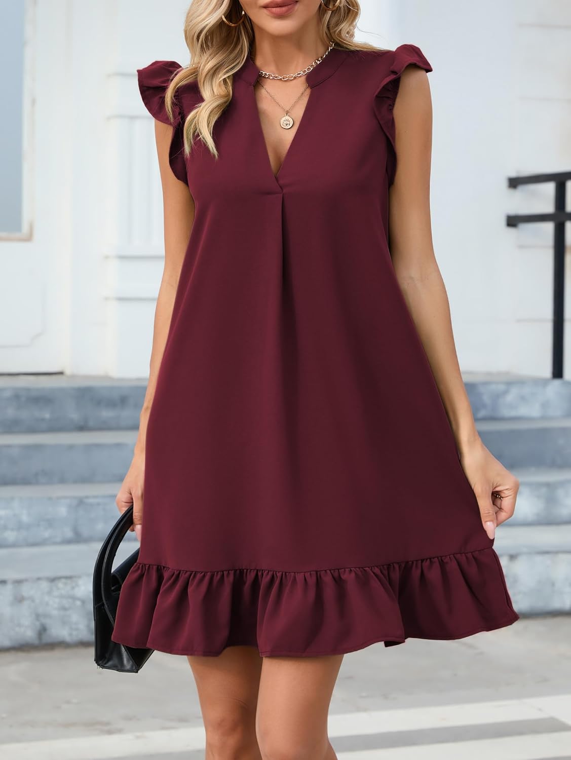 Detalle 2 de Famulily Women’s Solid Colour V Neck Ruffle Trim Cap Sleeve Shift Dress (S–XXL)
