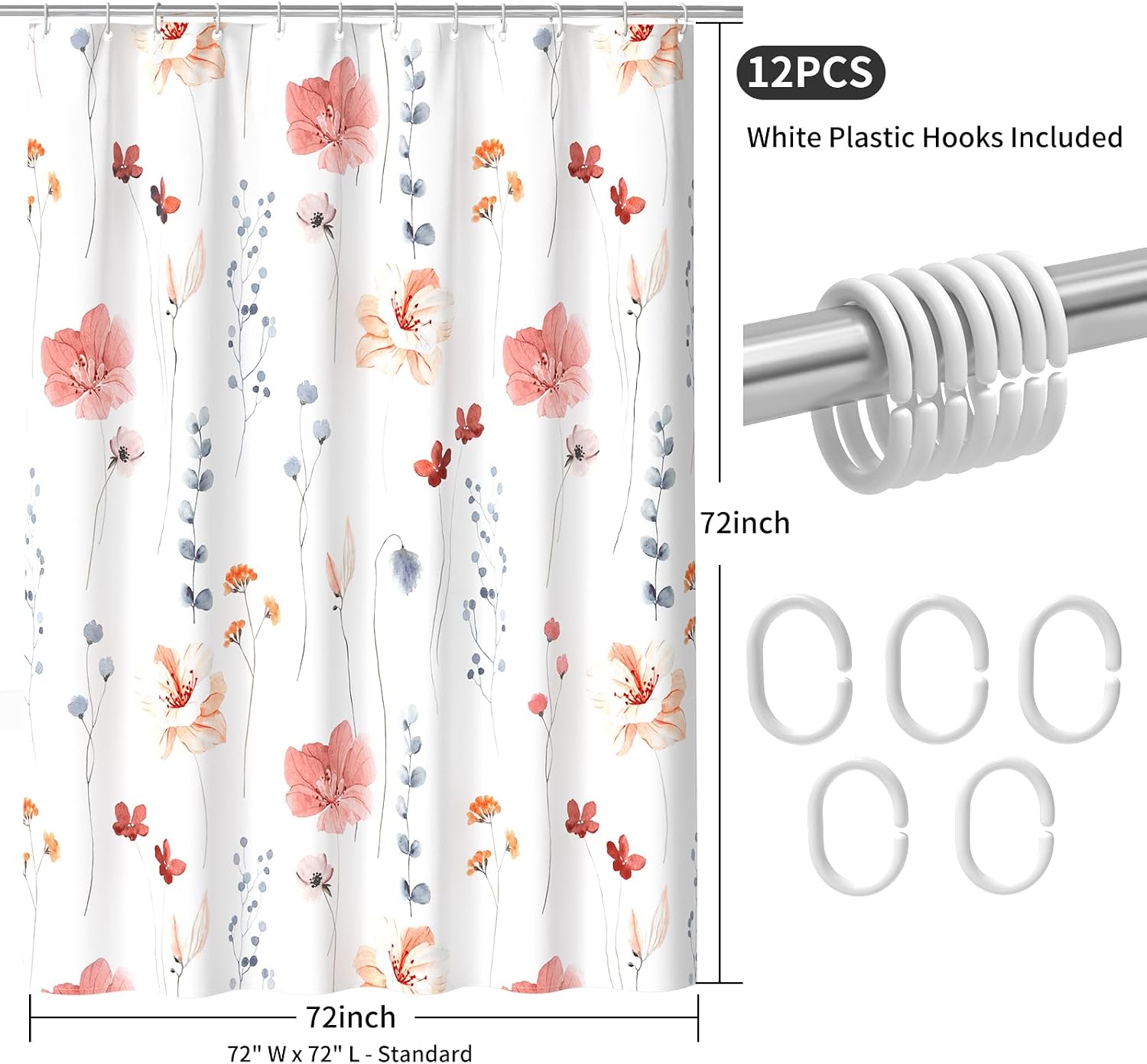 Thumbnail 6 de QiyI Watercolor Floral Shower Curtain 72 x 72
