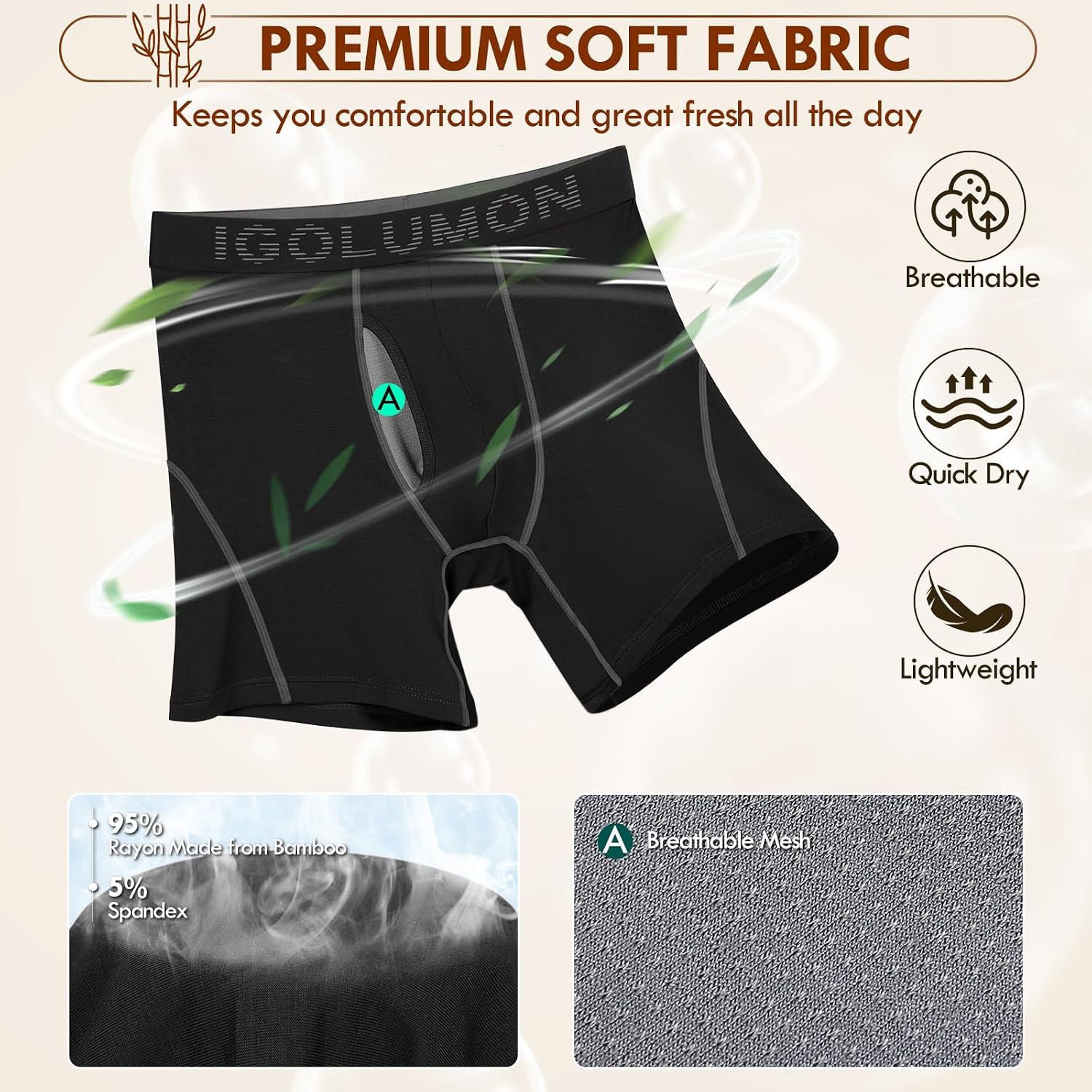 Detalle 2 de IGOLUMON 7-Pack Bamboo Rayon Boxer Briefs with 3D Support Pouch