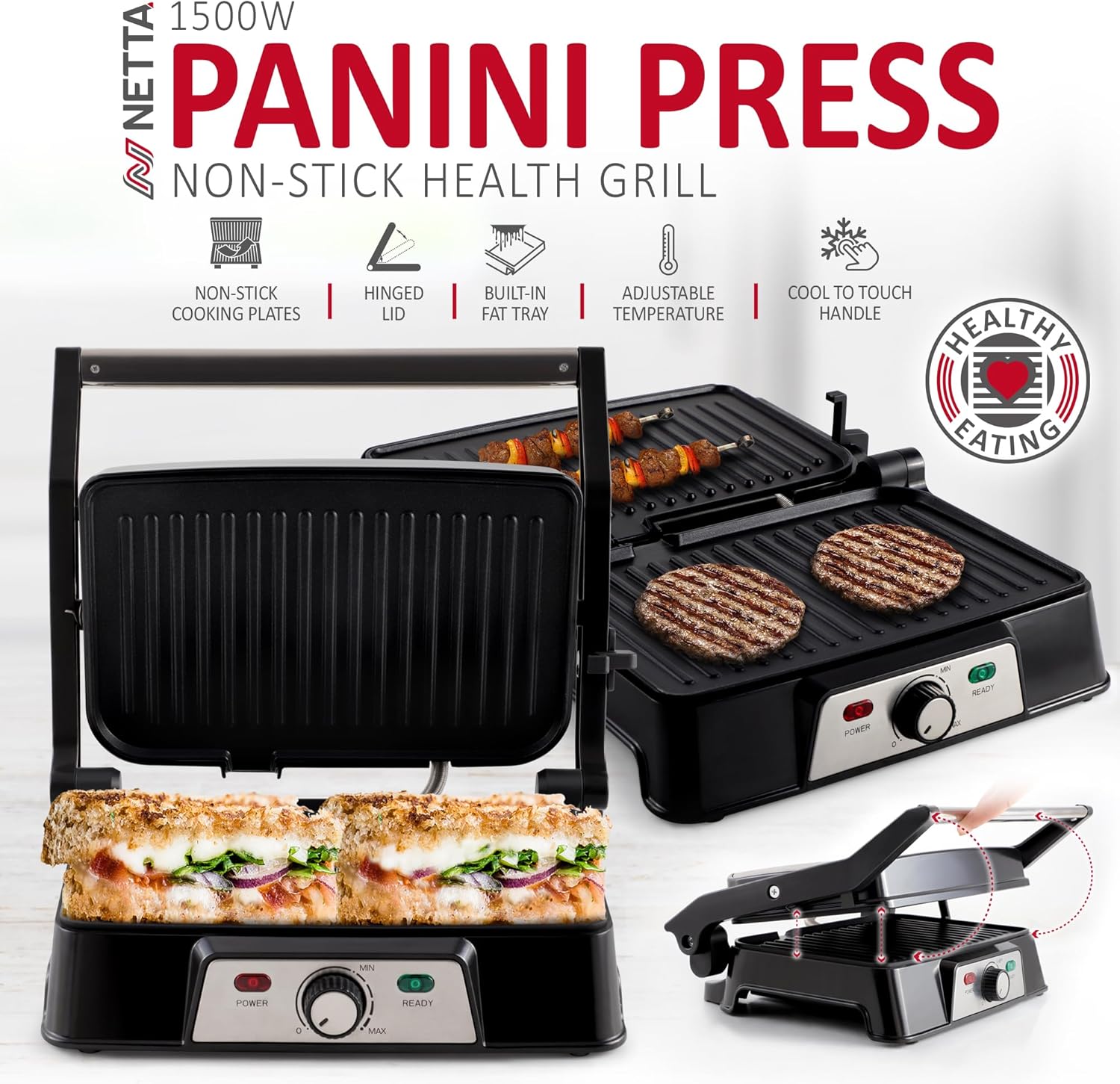 Detalle 2 de NETTA Panini Maker & Health Grill – 2 Slice Sandwich Toaster, 1500W, Non-stick Plates