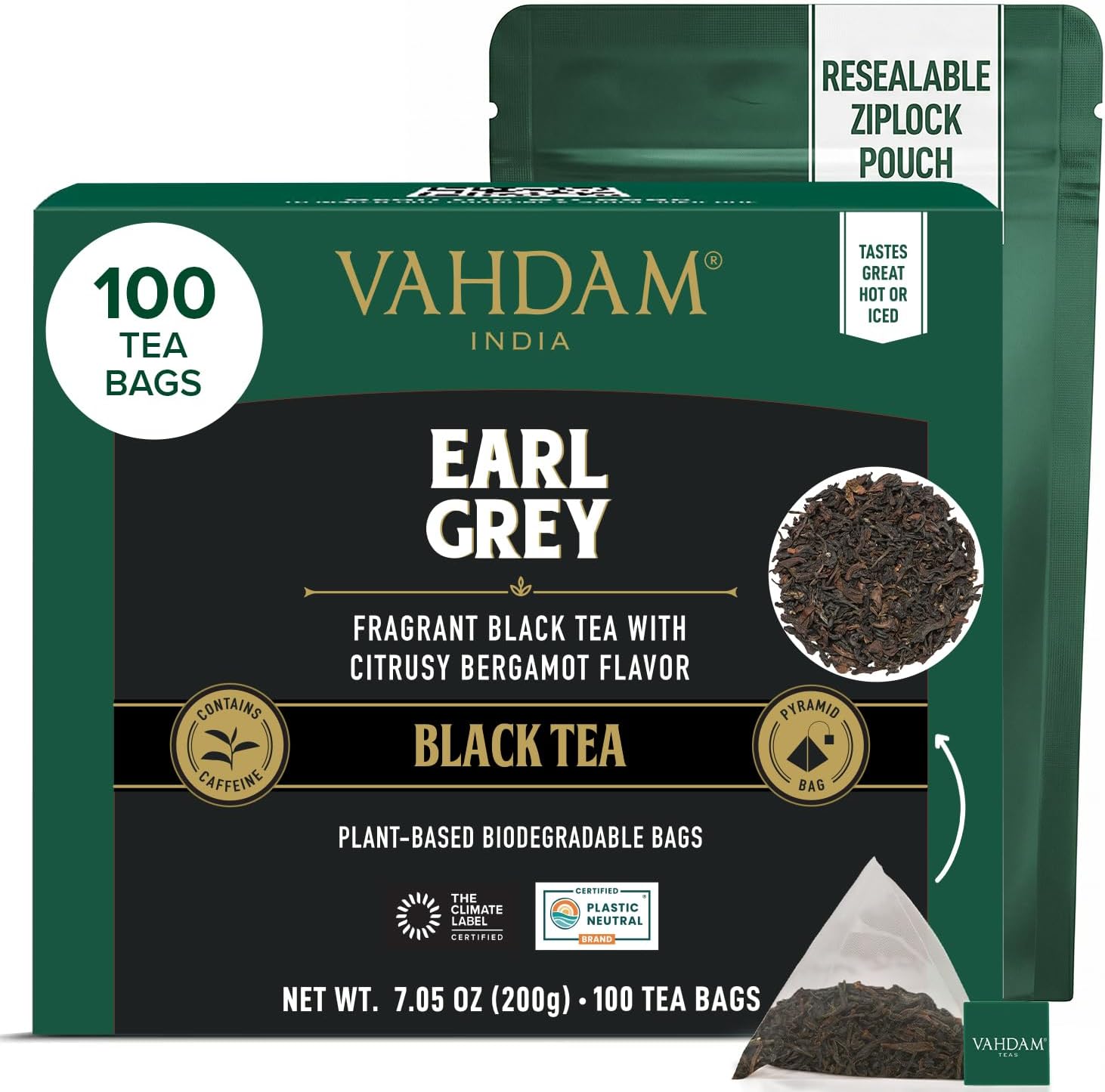 Detalle de VAHDAM Earl Grey Nero in Bustine (100 pezzi) con Bergamotto – Caffeaina Media, Senza Glutine e Non OGM