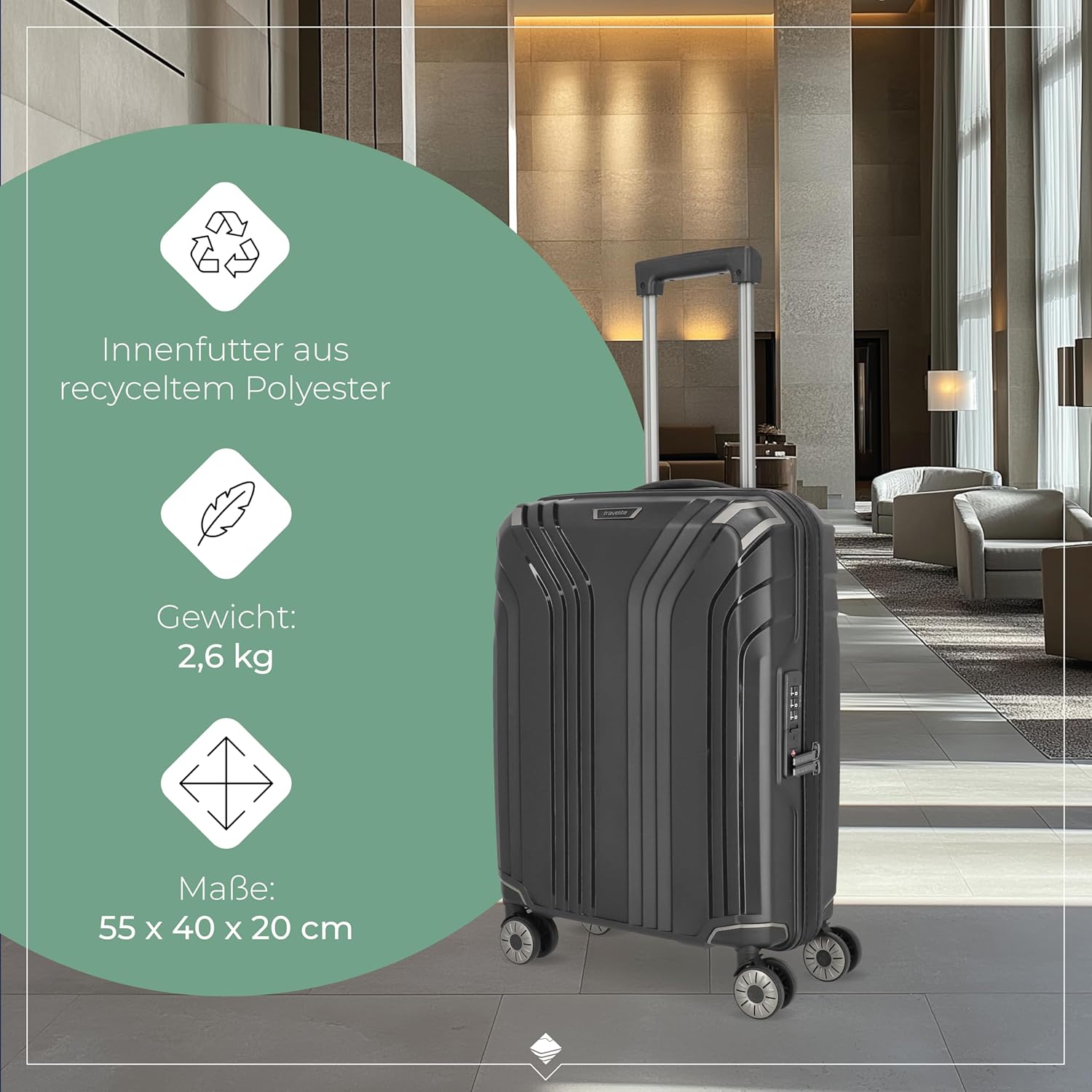 Detalle de Travelite ELVAA 55 cm Hartschalen-Handgepäckkoffer klein – 41 Liter, recyceltes Innenfutter