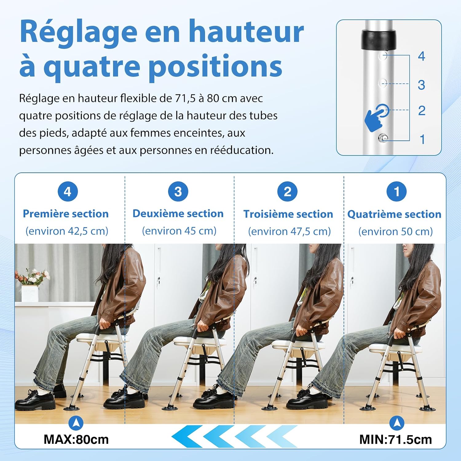 Detalle 2 de DEWEL Chaise de douche pliable avec dossier et accoudoir, hauteur réglable (jusqu’à 150 kg), gris