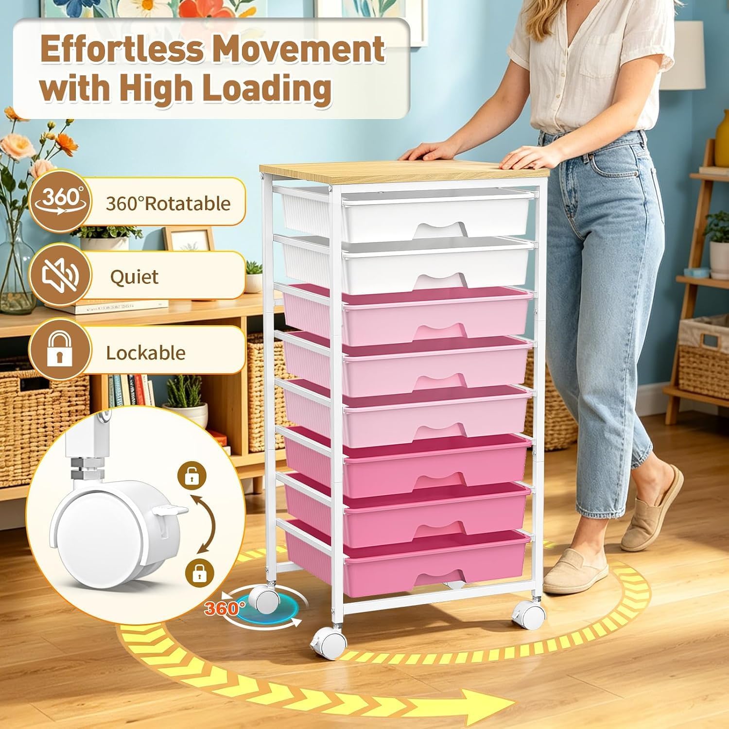 Detalle 2 de SUNALLY SN-SDC08PK 8-Drawer Rolling Storage Cart with Wood Top, Pink