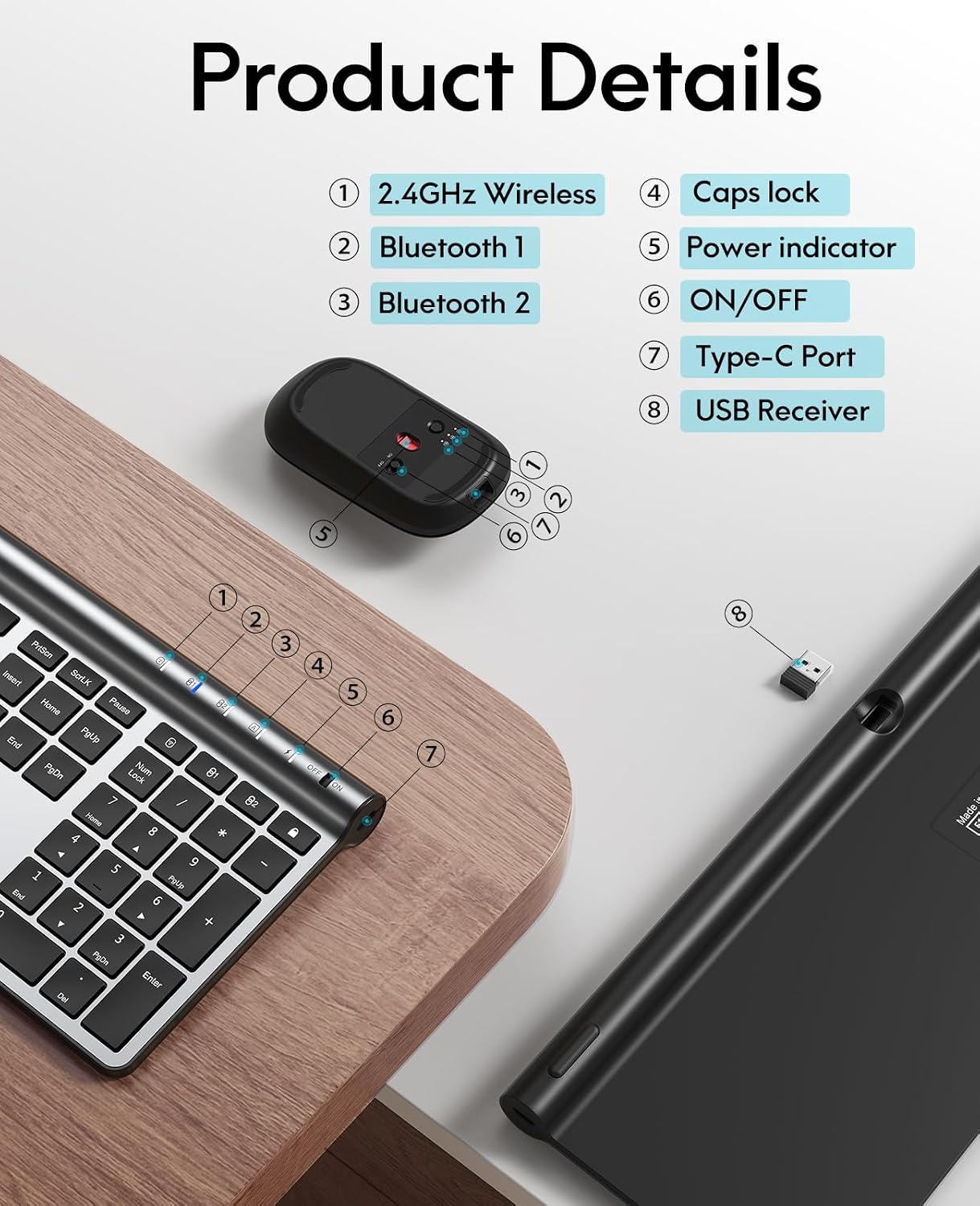 Detalle de CHESONA Full-Size Wireless Keyboard and Mouse Combo, Rechargeable, Multi-Device