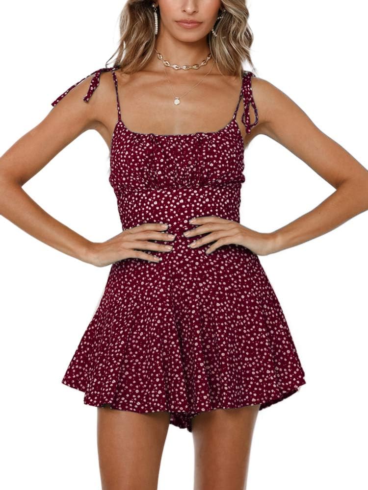 Detalle de Jeanewpole1 Women's Boho Floral Wide Leg Short Romper with Spaghetti Straps