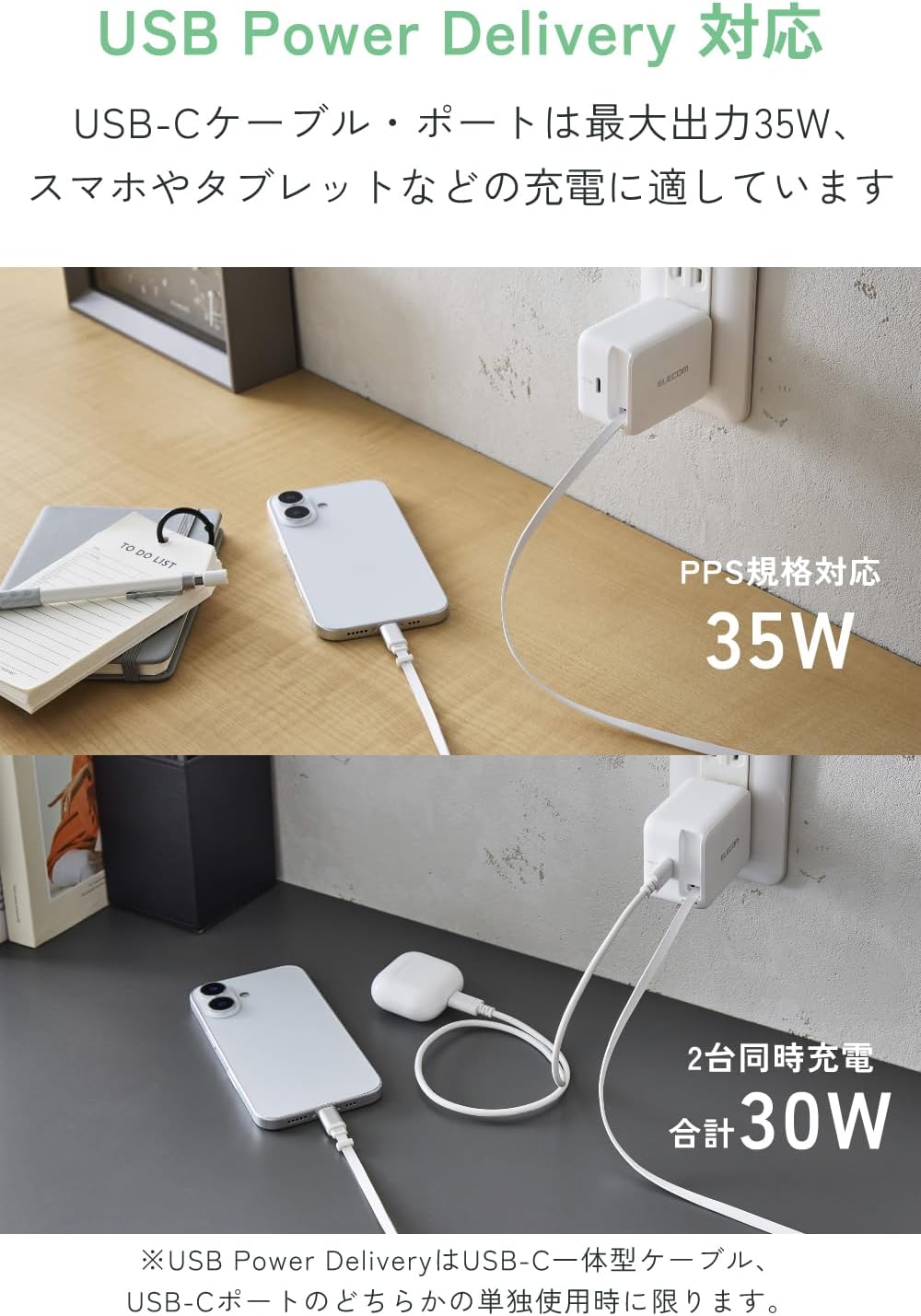 Detalle de エレコム EC-AC12835WH 35W巻き取り式ケーブル一体型USB-C充電器