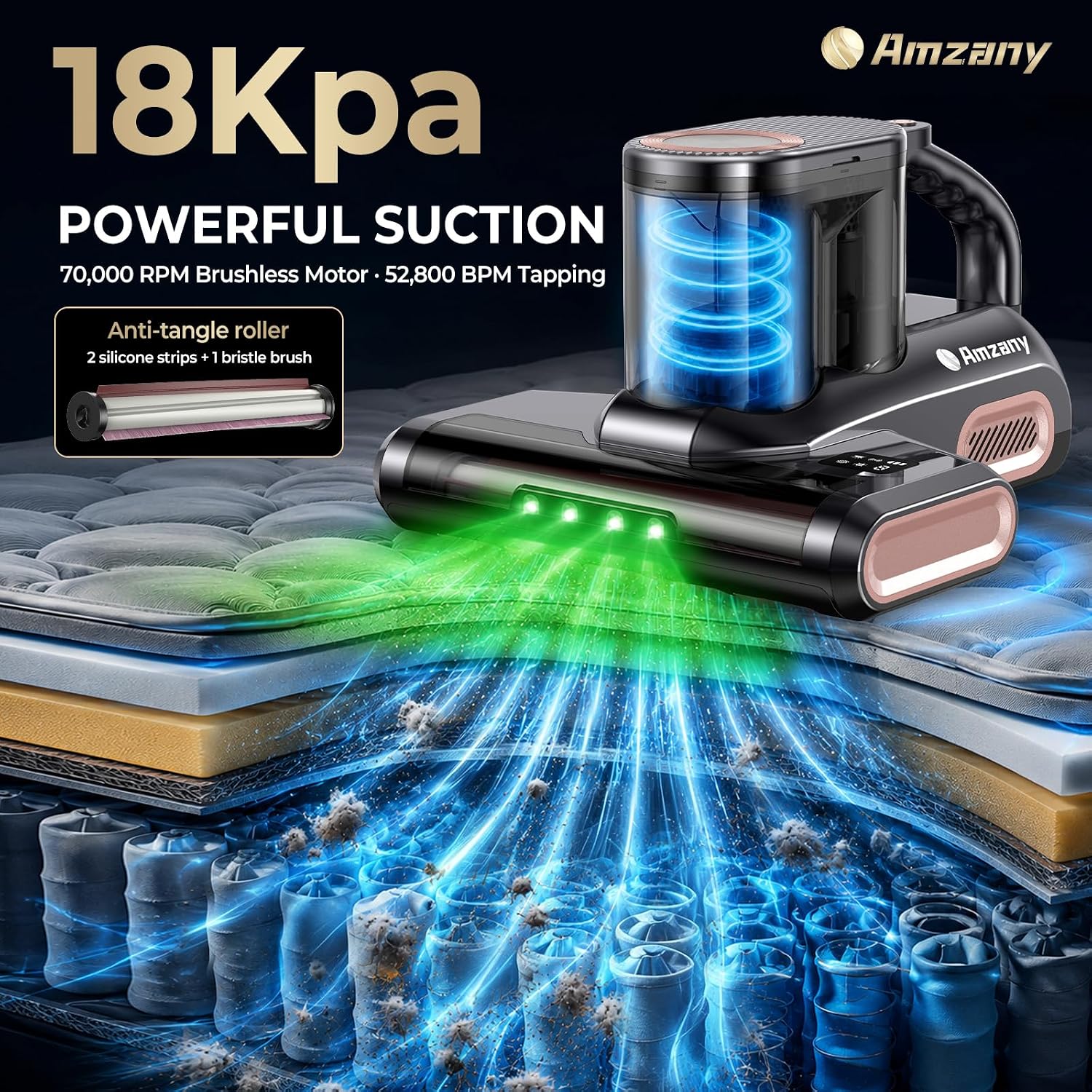 Detalle de Amzany Cordless Mattress Vacuum with 18Kpa Suction, UV-C Light and HEPA Filter