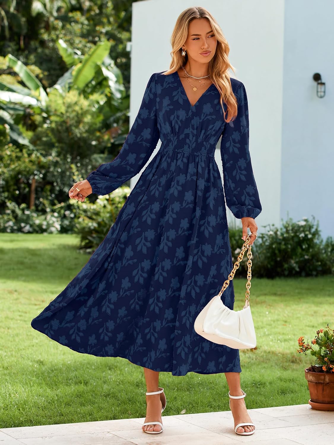 Detalle de Simplee Women's Boho Floral Maxi Dress, Long Sleeve V-Neck with Pockets
