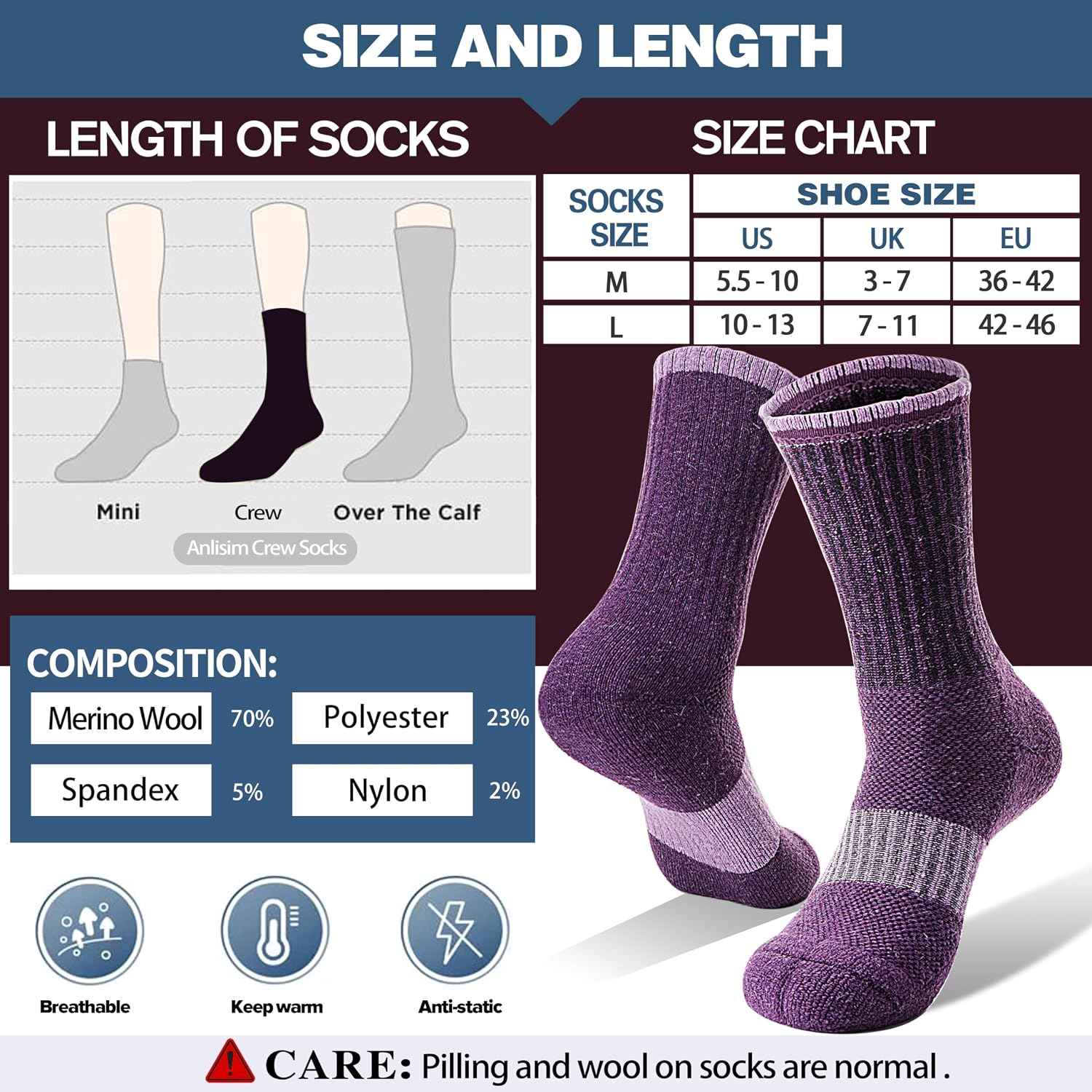 Detalle 2 de Anlisim Merino Wool Crew Socks for Women, Hiking, Running, 5 Pairs