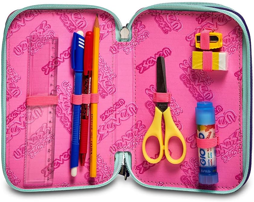 Detalle de Seven Trousse à crayons à 3 compartiments XXL Girl (12,5 x 20 x 7 cm) avec stylos et fournitures