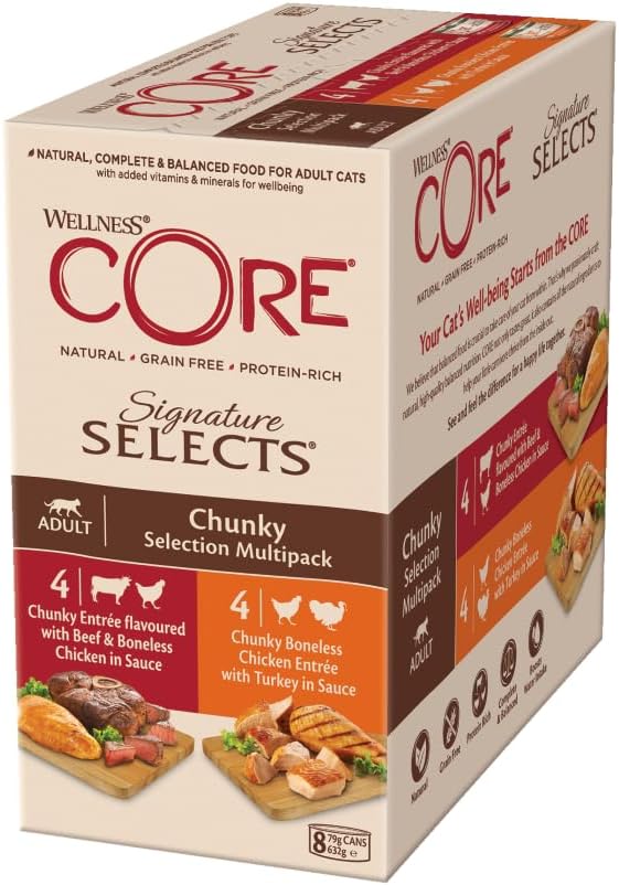 Detalle de Wellness CORE Signature Selects 24 x 79 g: Zart geflockter Thunfisch & Lachs in Brühe – Nassfutter für Katzen