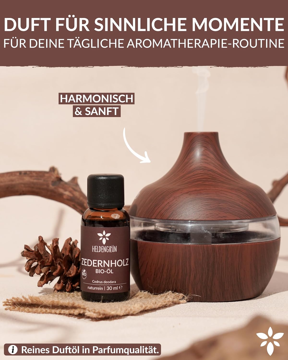 Detalle de Heldengrün BIO Zedernholzöl (100% Naturrein) – Duftöl aus echtem Zedernholz, waldig & harzig-weich