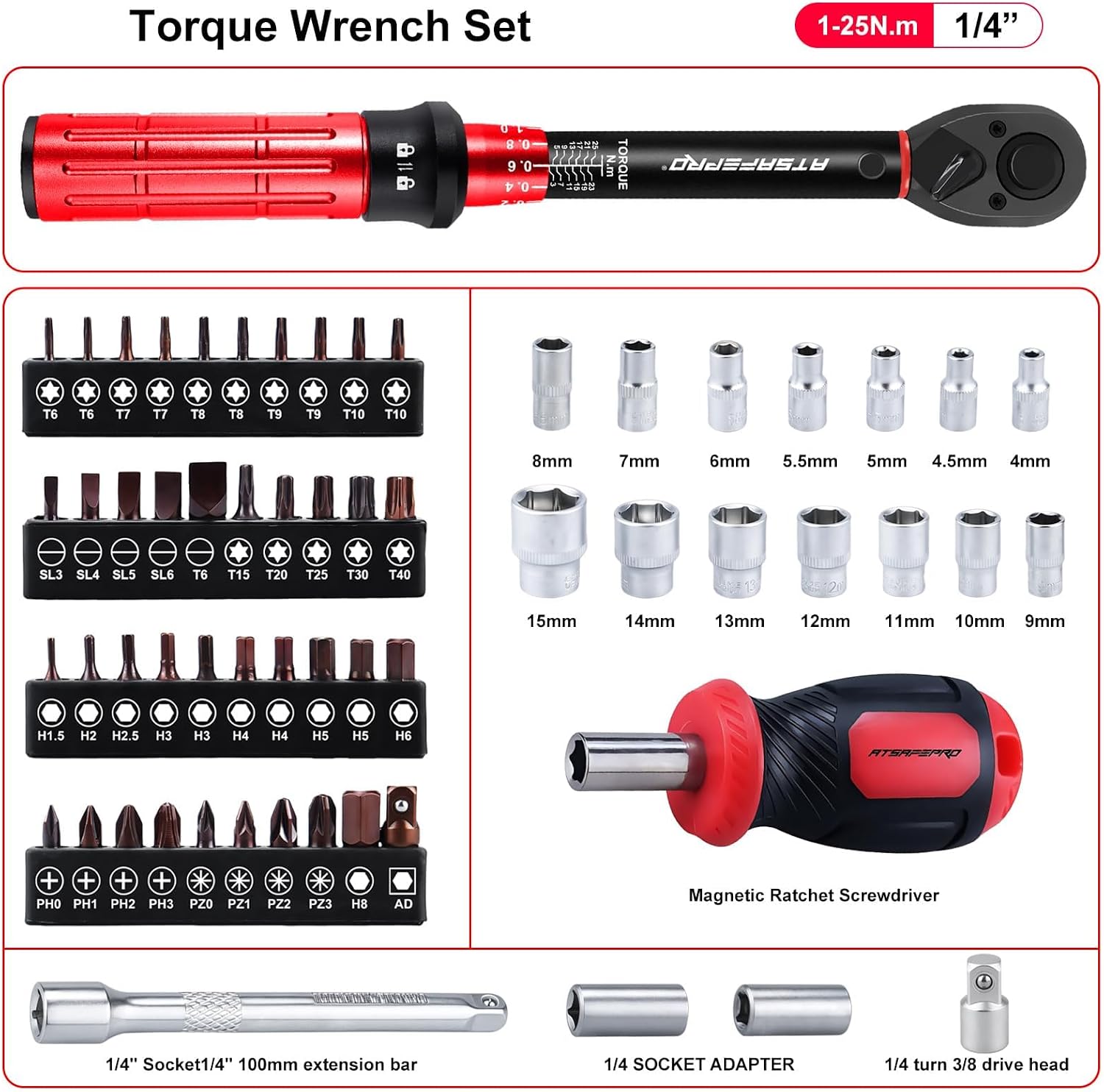 Thumbnail 1 de ATsafepro Bike Torque Wrench Set 1/4 Inch, 3-25Nm — 61-Piece Magnetic Ratchet Screwdriver Kit
