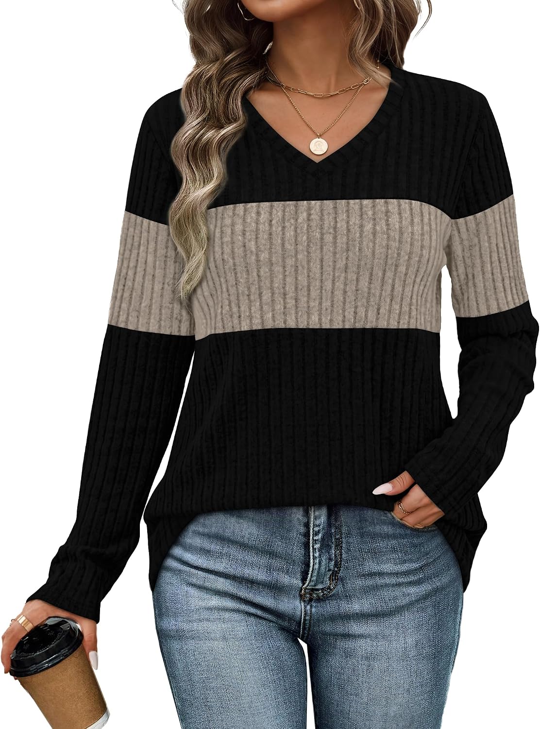 Thumbnail 5 de WIHOLL Women's Colour-Block V-Neck Long-Sleeve Sweater Top