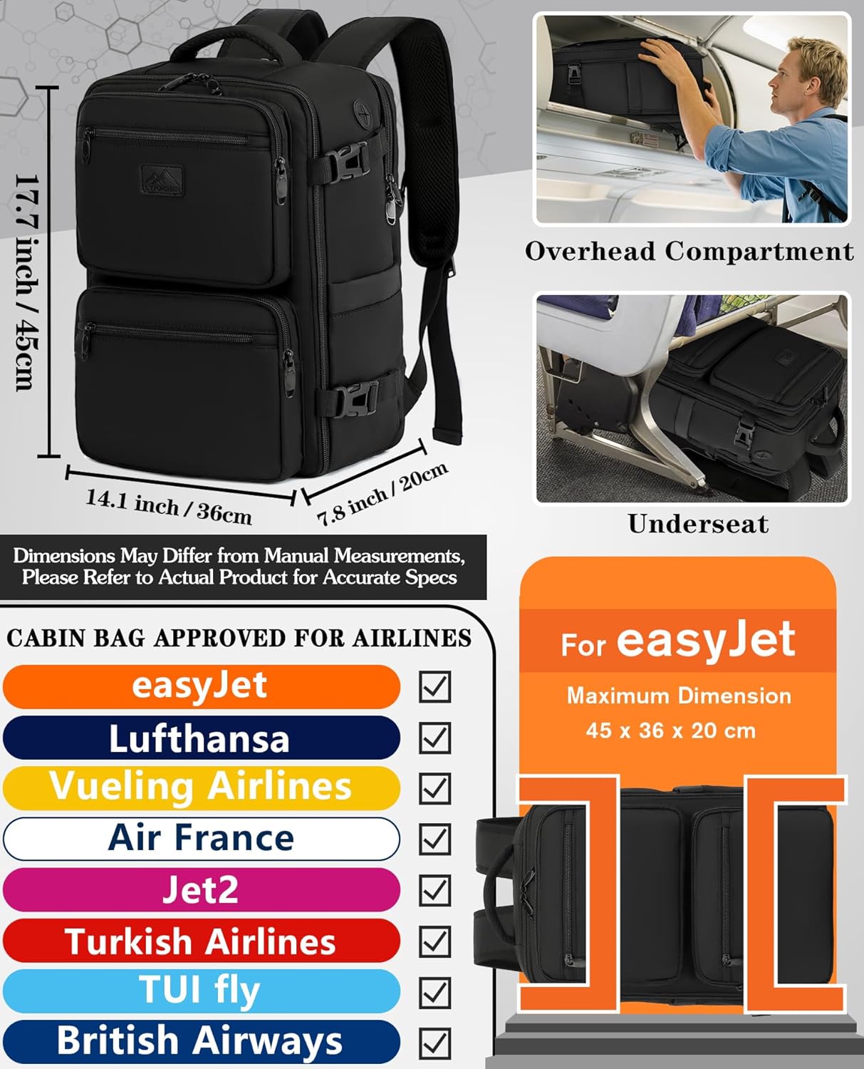 Detalle de LYNXCHER Easyjet Cabin Bag 45x36x20cm 30L with 15.6" Laptop Pocket