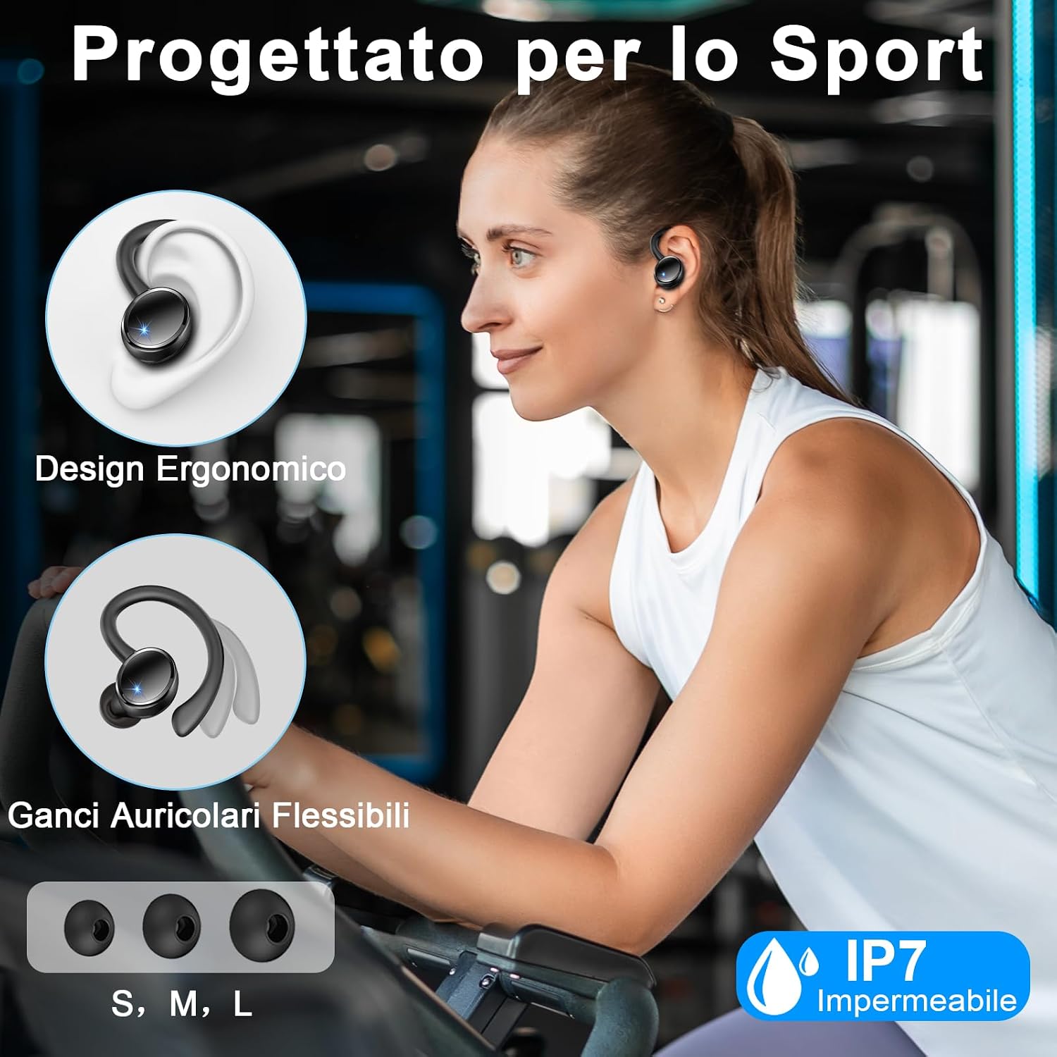 Detalle de Cuffie Bluetooth Sport con ANC CVC 8.0, IP7, 50 ore e ricarica USB‑C – performance e praticità per sport e allenamento