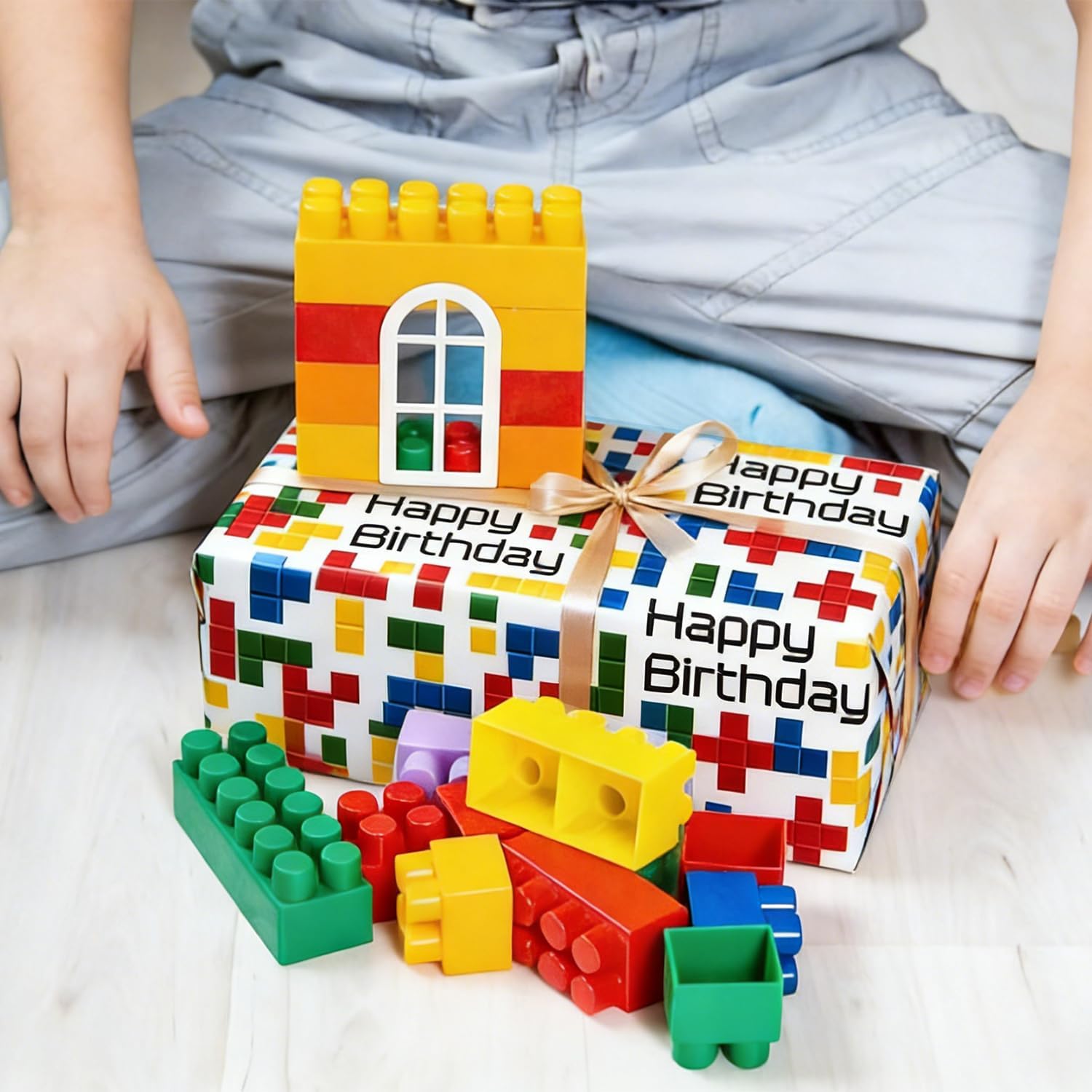 Detalle de 5pcs Birthday Paper Sheets with Colourful Tetris by QRTDXP — Eco Friendly Gift Wrap, 50 x 70 cm