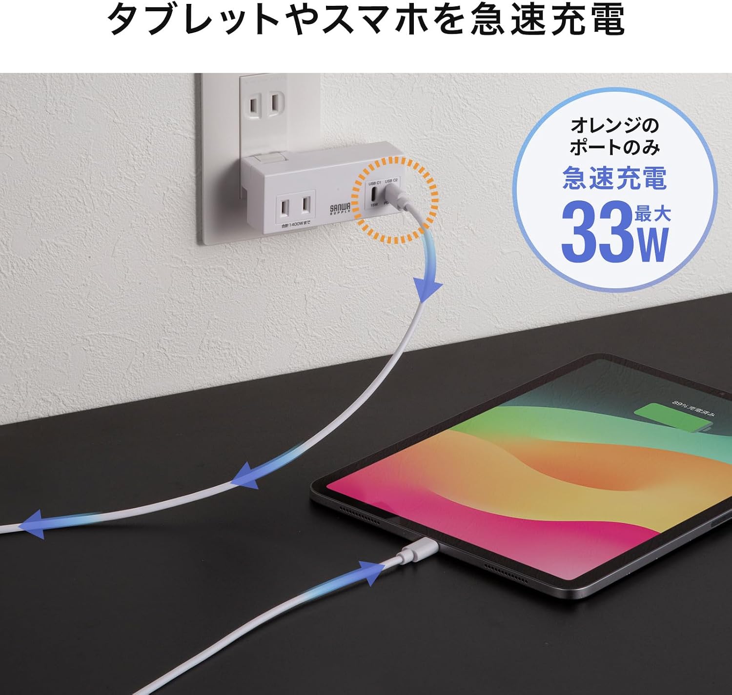 Detalle 2 de サンワサプライ TAP-MC2AC2W 電源タップ PD33W・AC 2口・USB Type-C 2ポート